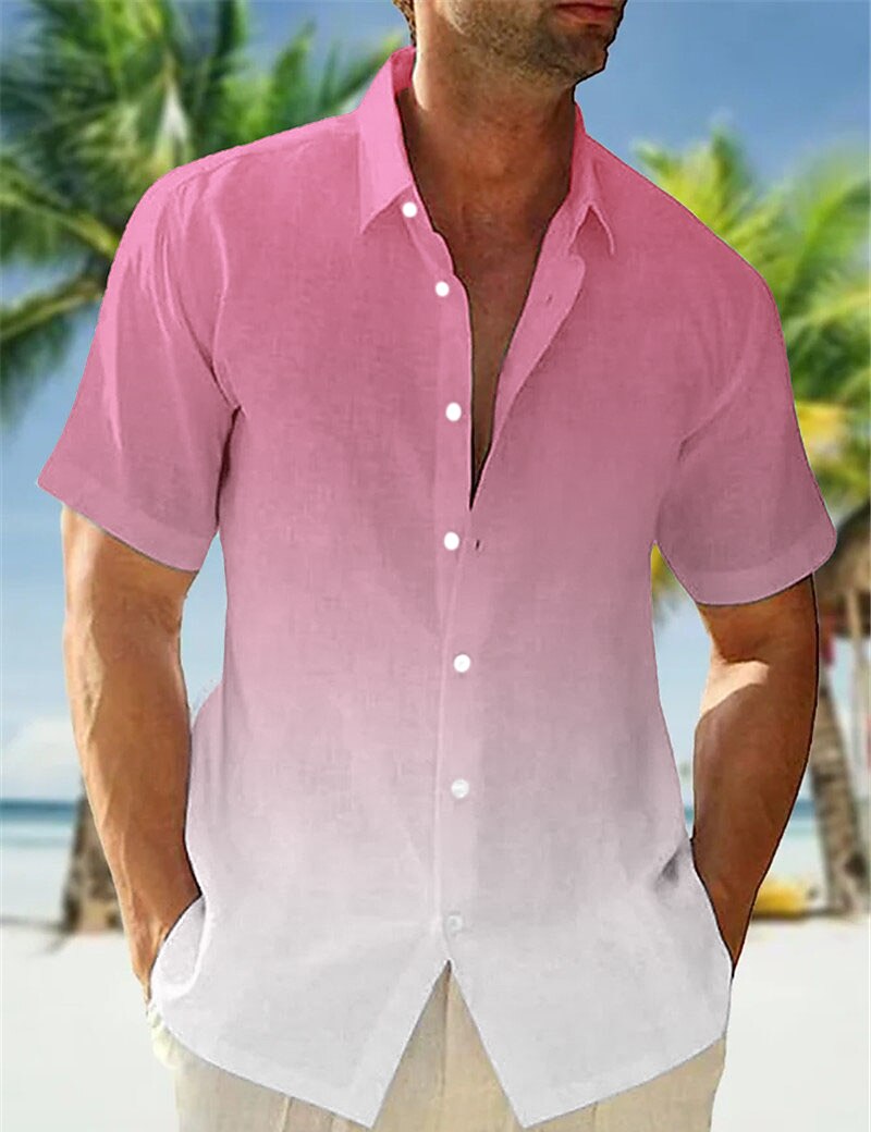Gradient Linen Blend Lapel Short Sleeve Vacation Shirt for Men