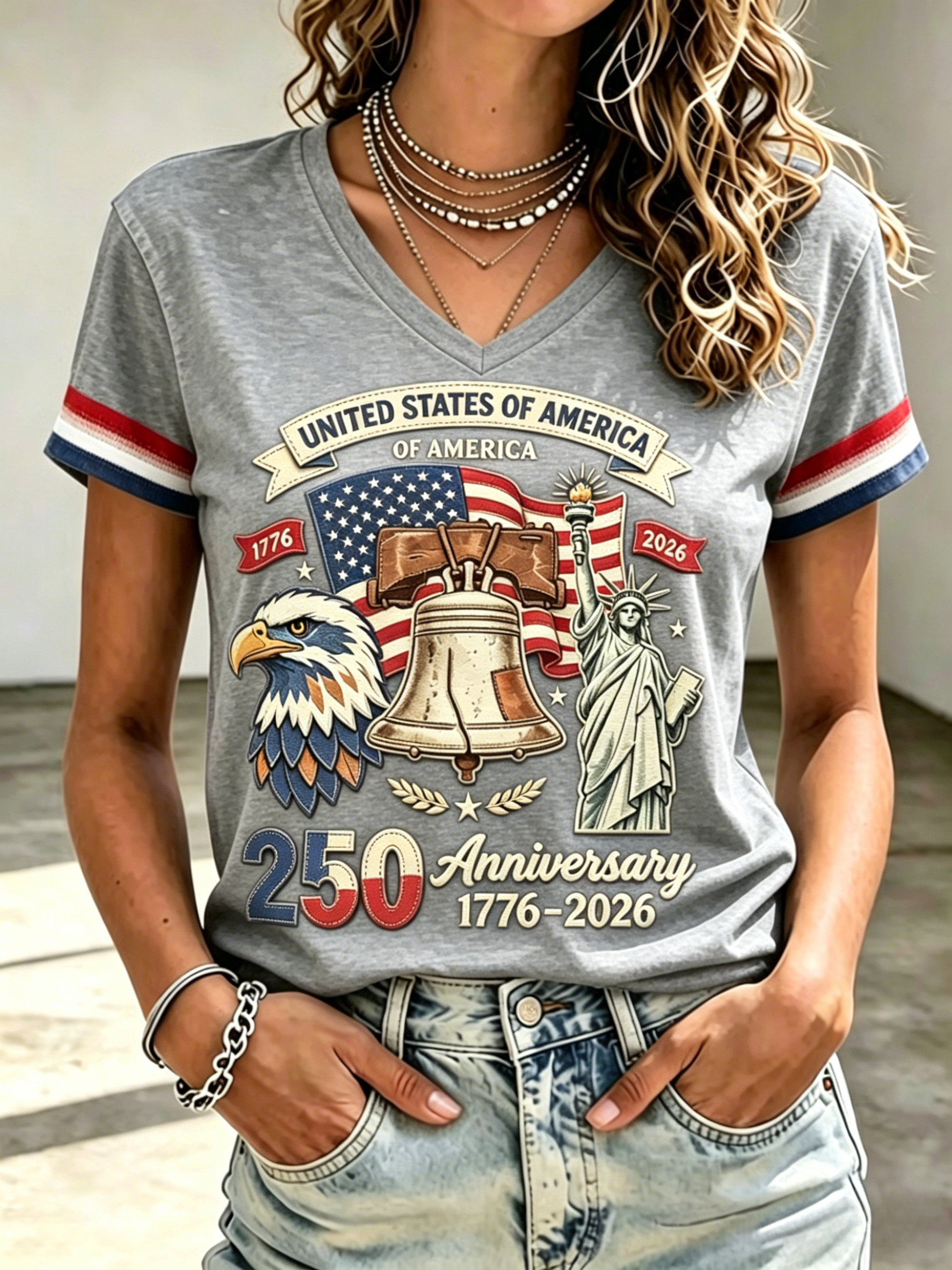 Vintage Eagle Liberty Bell Statue Liberty Patriotic V Neck T-Shirt Women USA Flag Casual Top