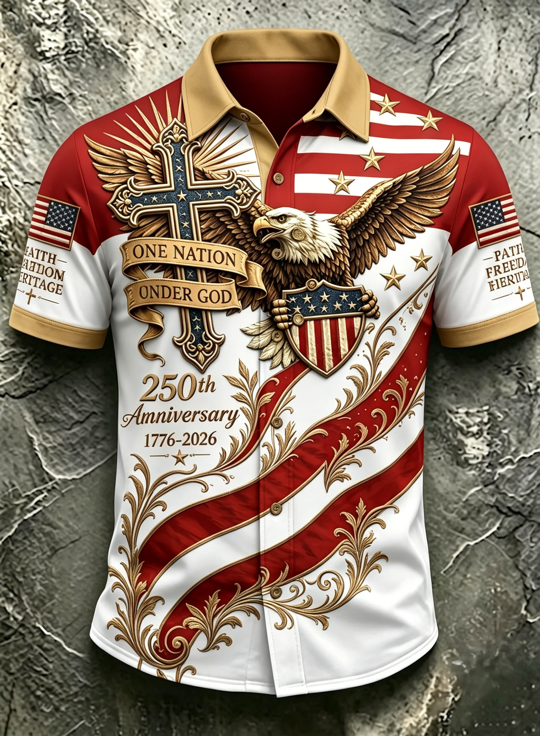 One Nation Under God Cross Bald Eagle USA Flag Gold Scroll Full Print Camp Collar Men Patriotic Shirt