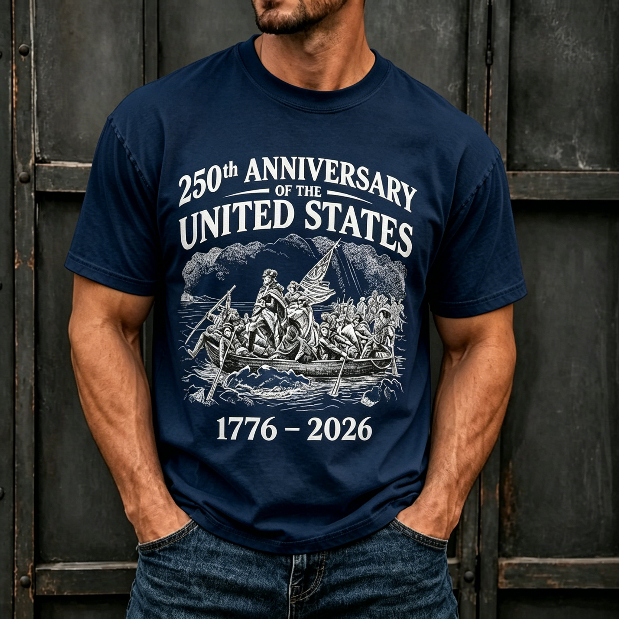 Washington Crossing Delaware 250th USA Anniversary Patriotic Print Oversized Men Crew Neck Washed Short Sleeve Tee