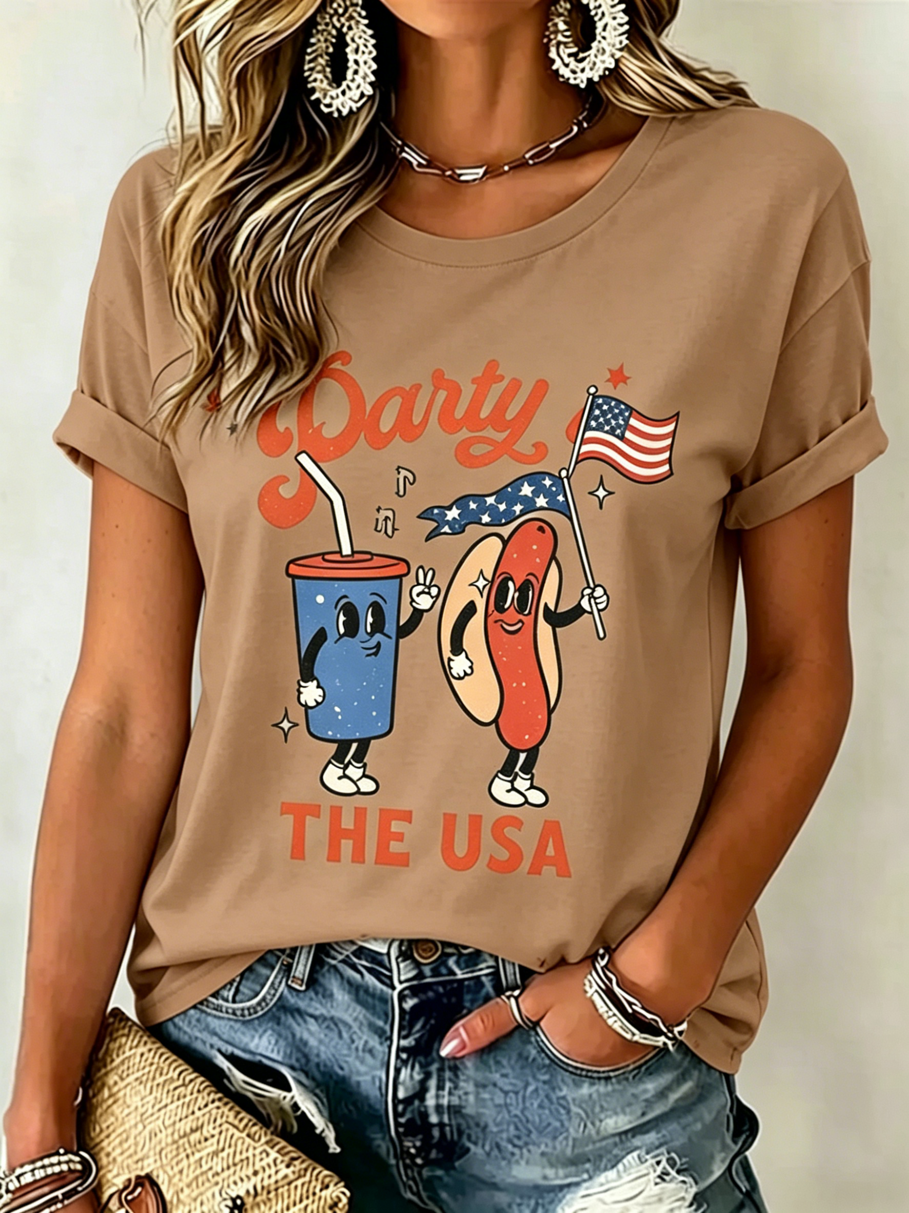 Groovy Retro Hot Dog Soda Party In The USA Patriotic Print Crew Neck Loose Fit Women Oversized Casual Independence Day Tee