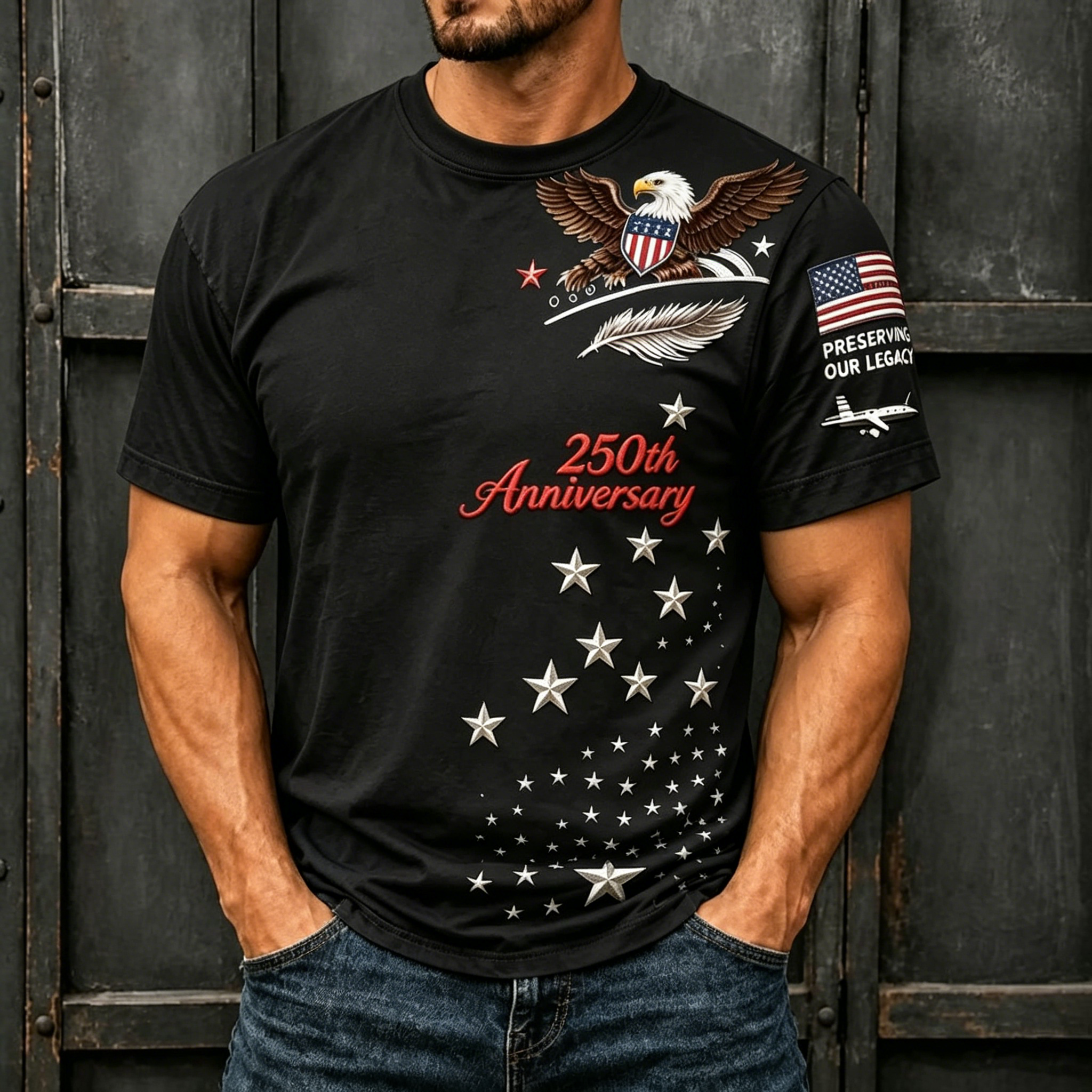 250th Patriotic Eagle Star Sleeve Patch Crew Neck T-Shirt for Men