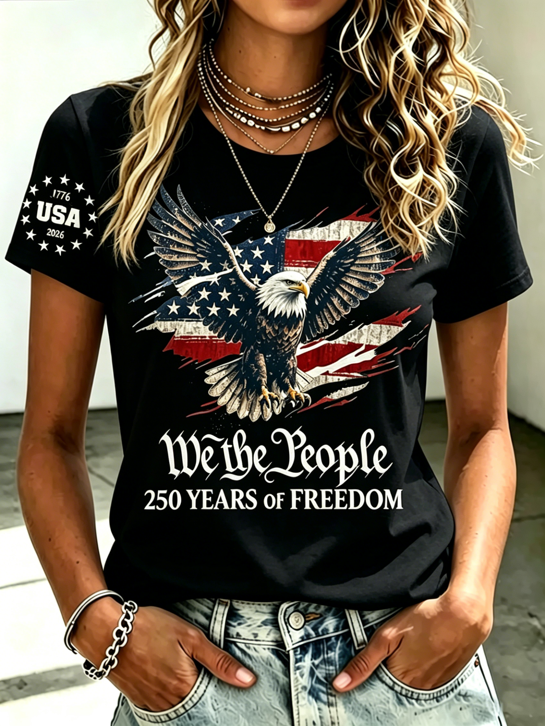 We The People 250 Freedom Eagle Torn Flag Star Sleeve Patriotic Crew Neck T-Shirt for Women