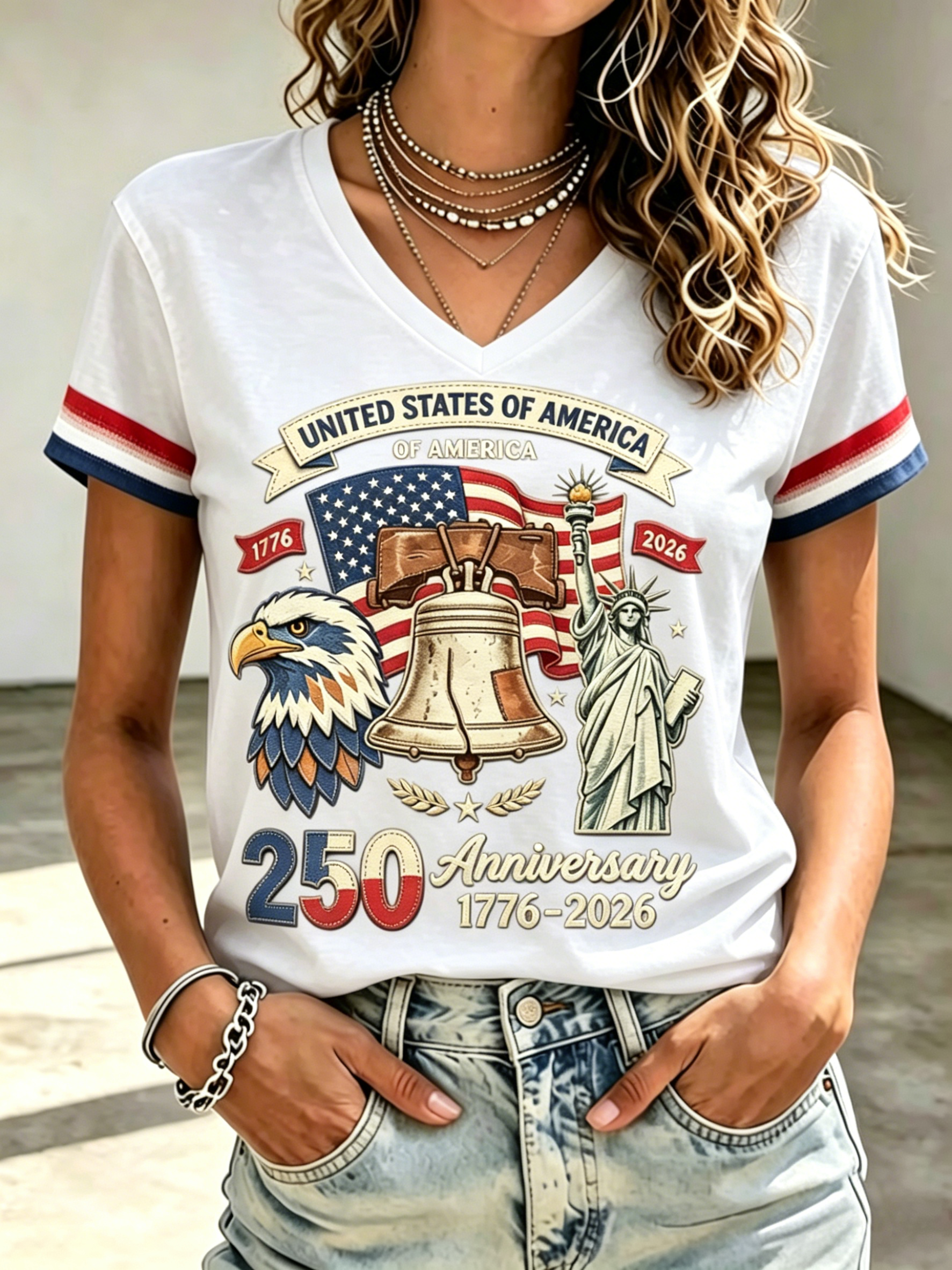 Vintage Eagle Liberty Bell Statue Liberty Patriotic V Neck T-Shirt Women USA Flag Casual Top