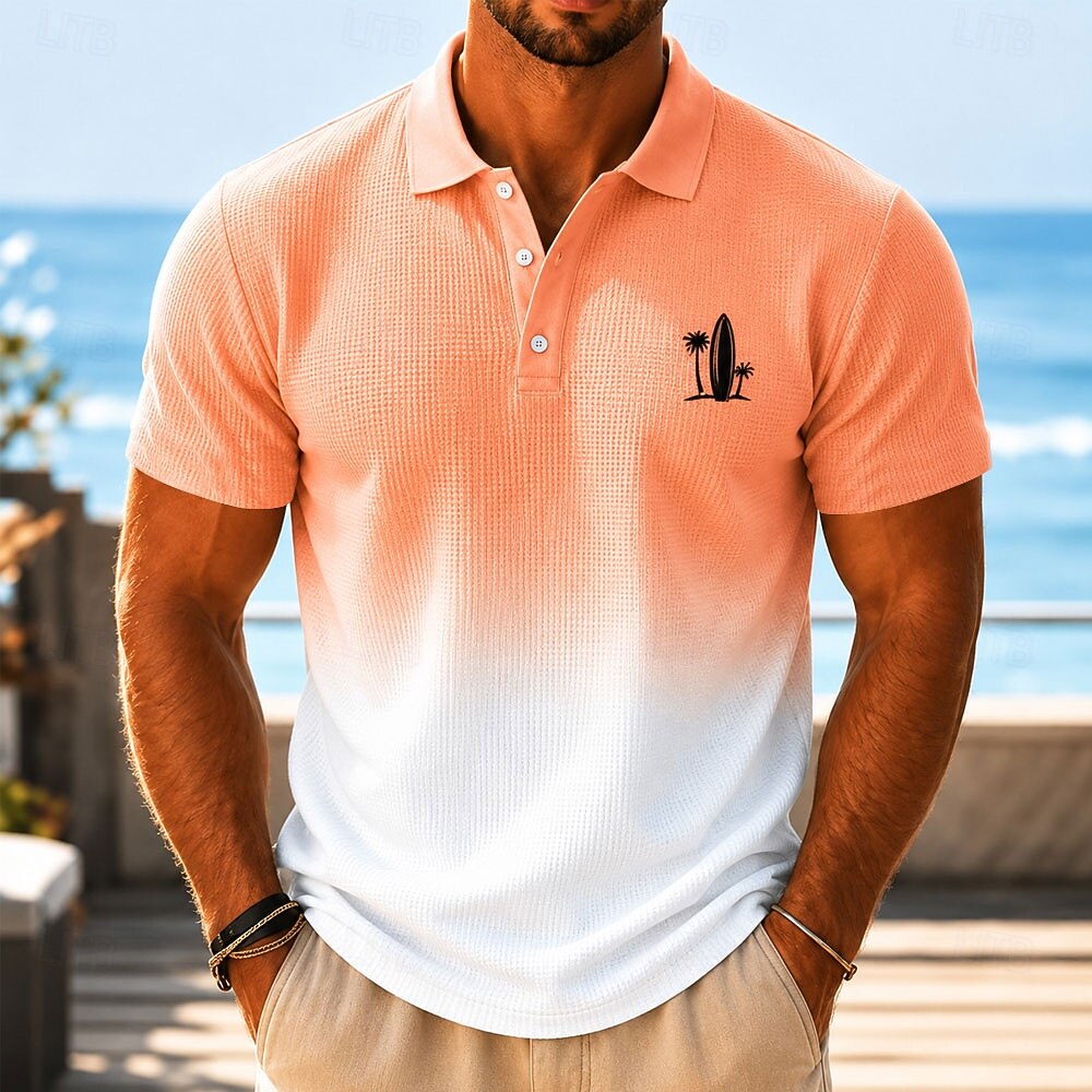 Gradient Waffle Knit Embroidery Collar Golf Polo Shirt for Men