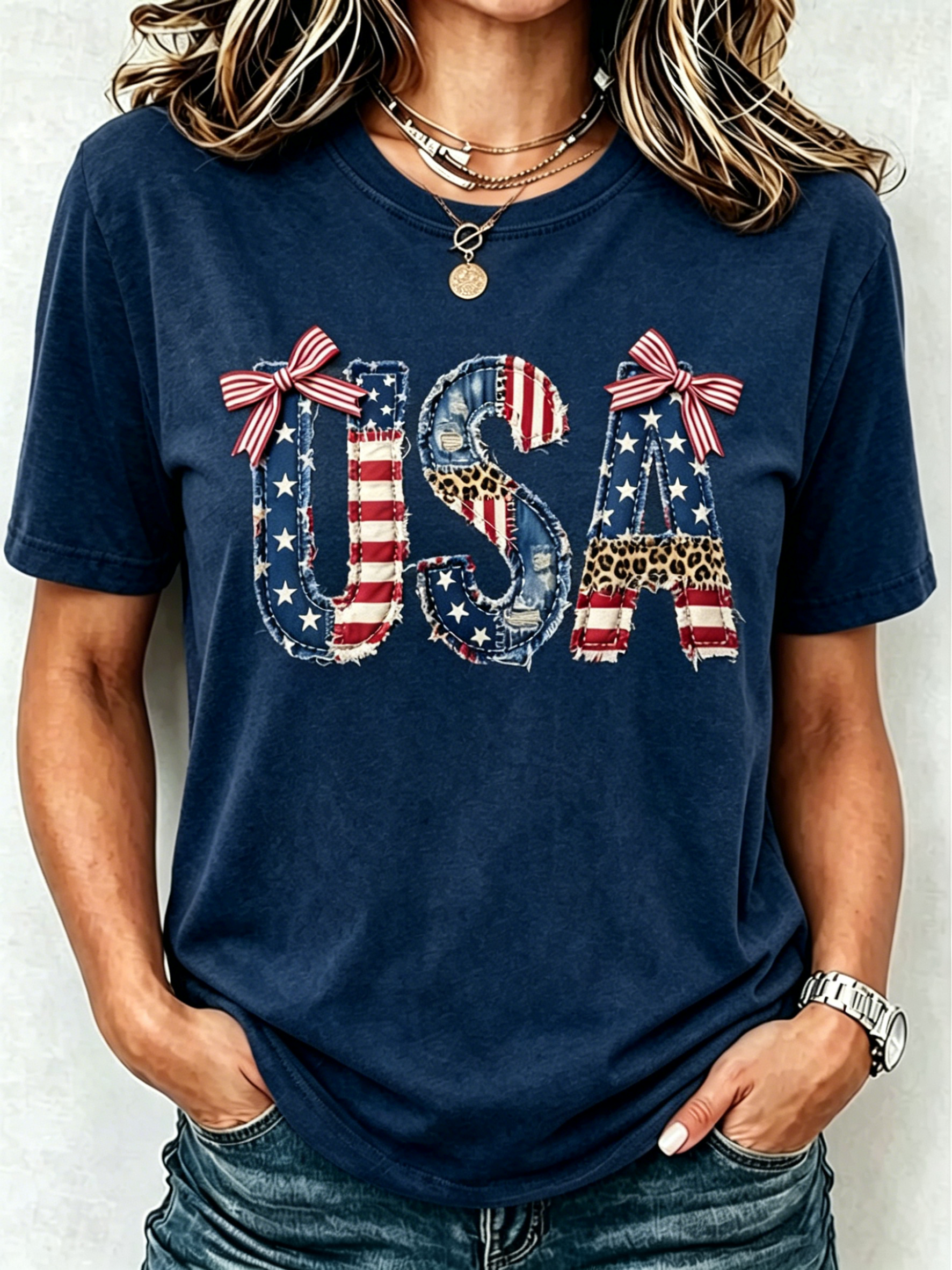 USA Flag Leopard Patch Bow Decor Crew Neck Casual Patriotic Short Sleeve Tee Shirt