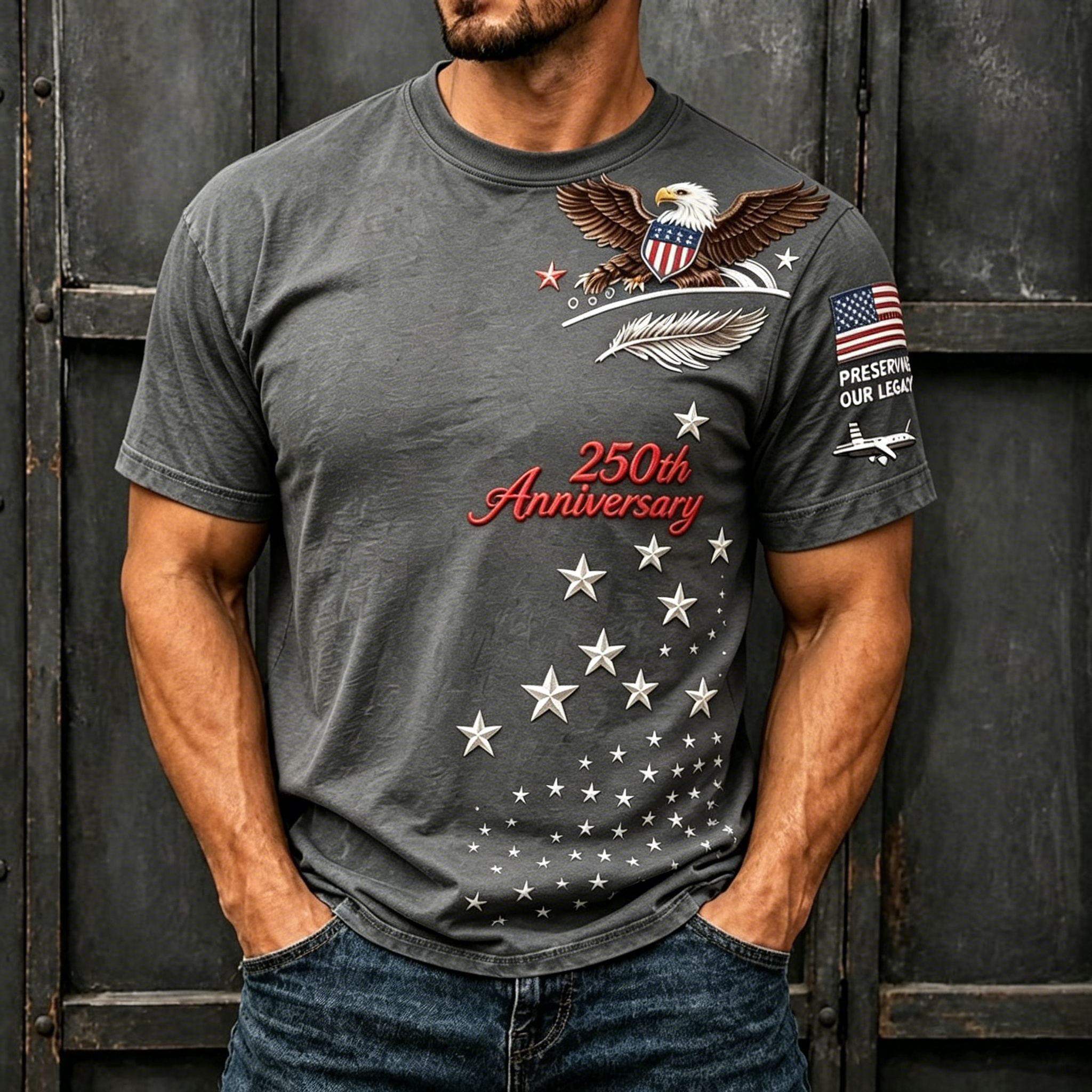 250th Patriotic Eagle Star Sleeve Patch Crew Neck T-Shirt for Men