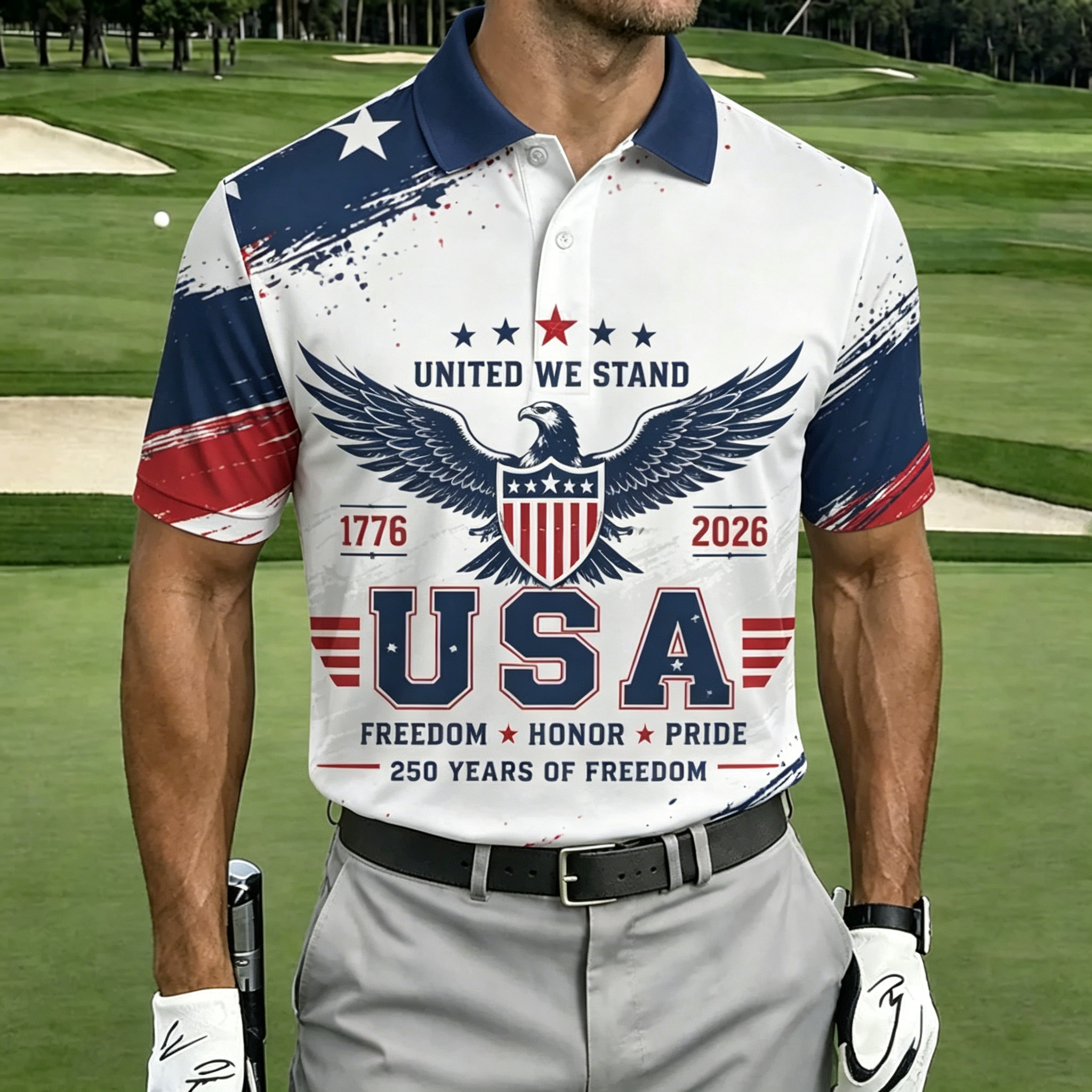 United We Stand Eagle Shield Flag Brush Print Contrast Collar Golf Polo Shirt for Men
