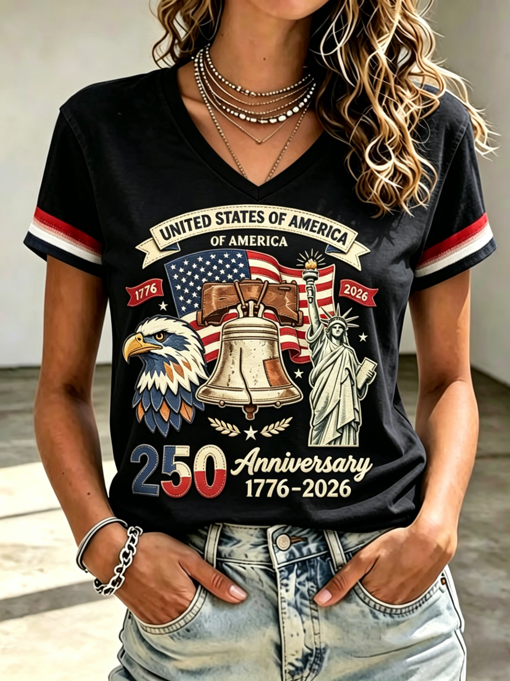 Vintage Eagle Liberty Bell Statue Liberty Patriotic V Neck T-Shirt Women USA Flag Casual Top