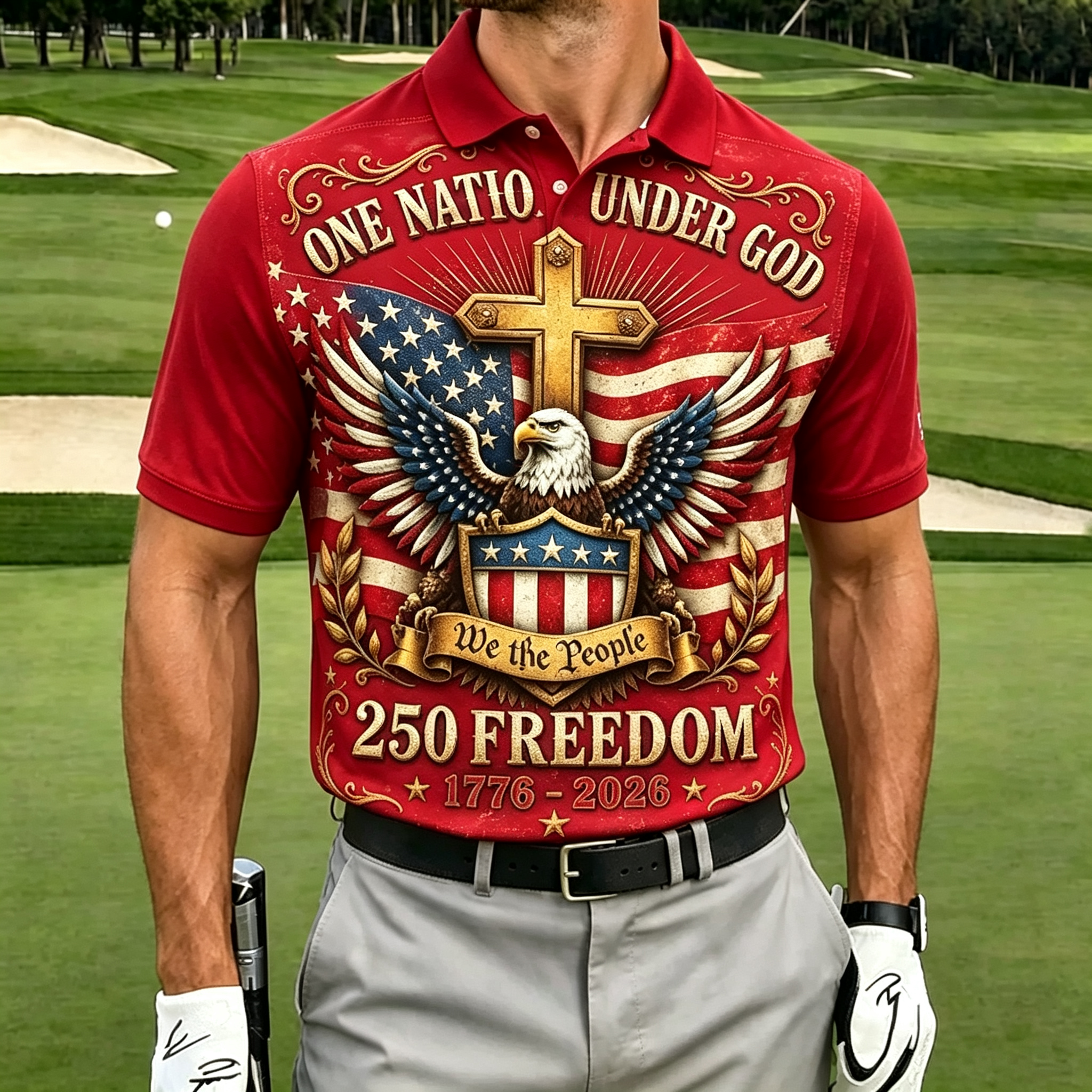 Faith Family Cross Eagle USA Flag Men Quick Dry Golf Polo