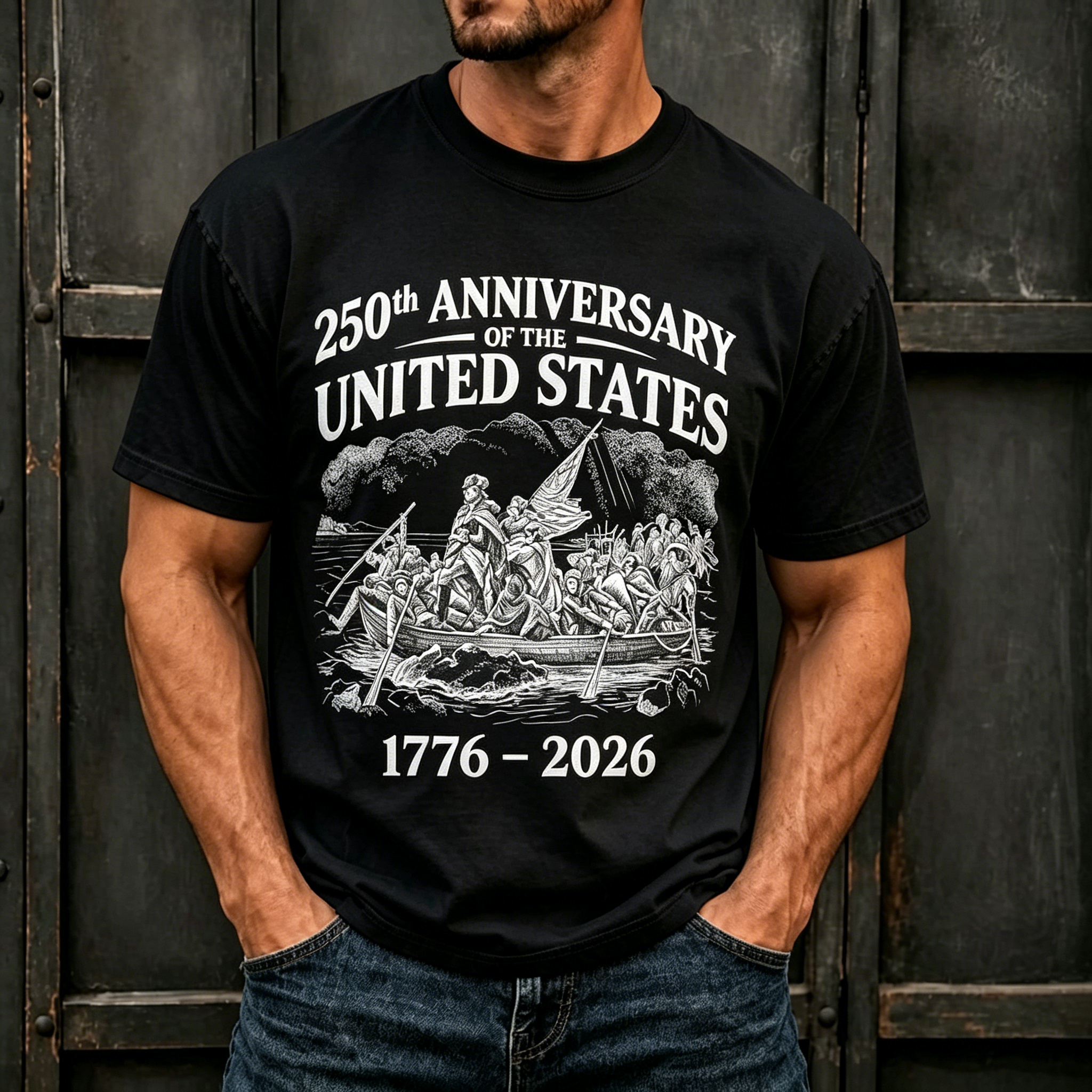 Washington Crossing Delaware 250th USA Anniversary Patriotic Print Oversized Men Crew Neck Washed Short Sleeve Tee