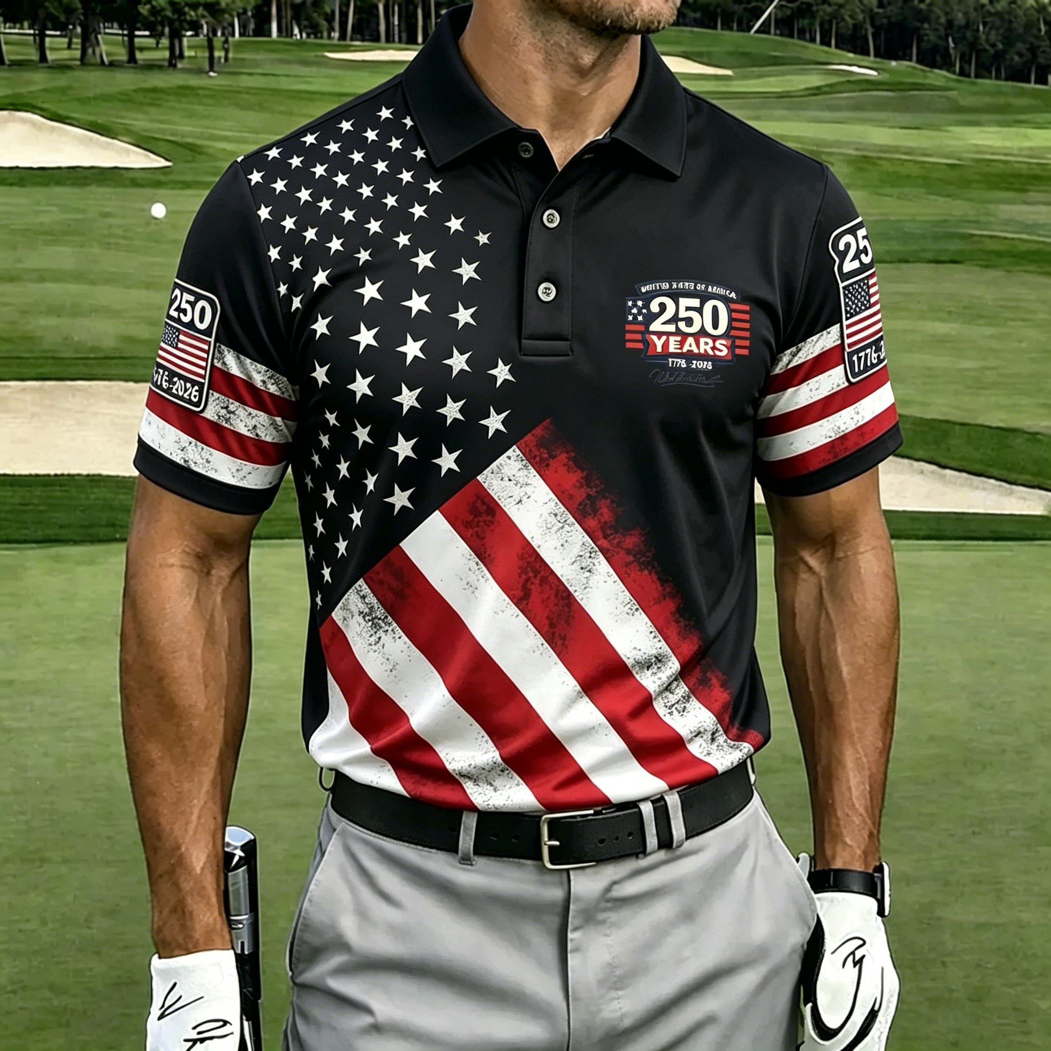 Vintage 250th Anniversary American Flag Print Short Sleeve Golf Polo Shirt Men Casual