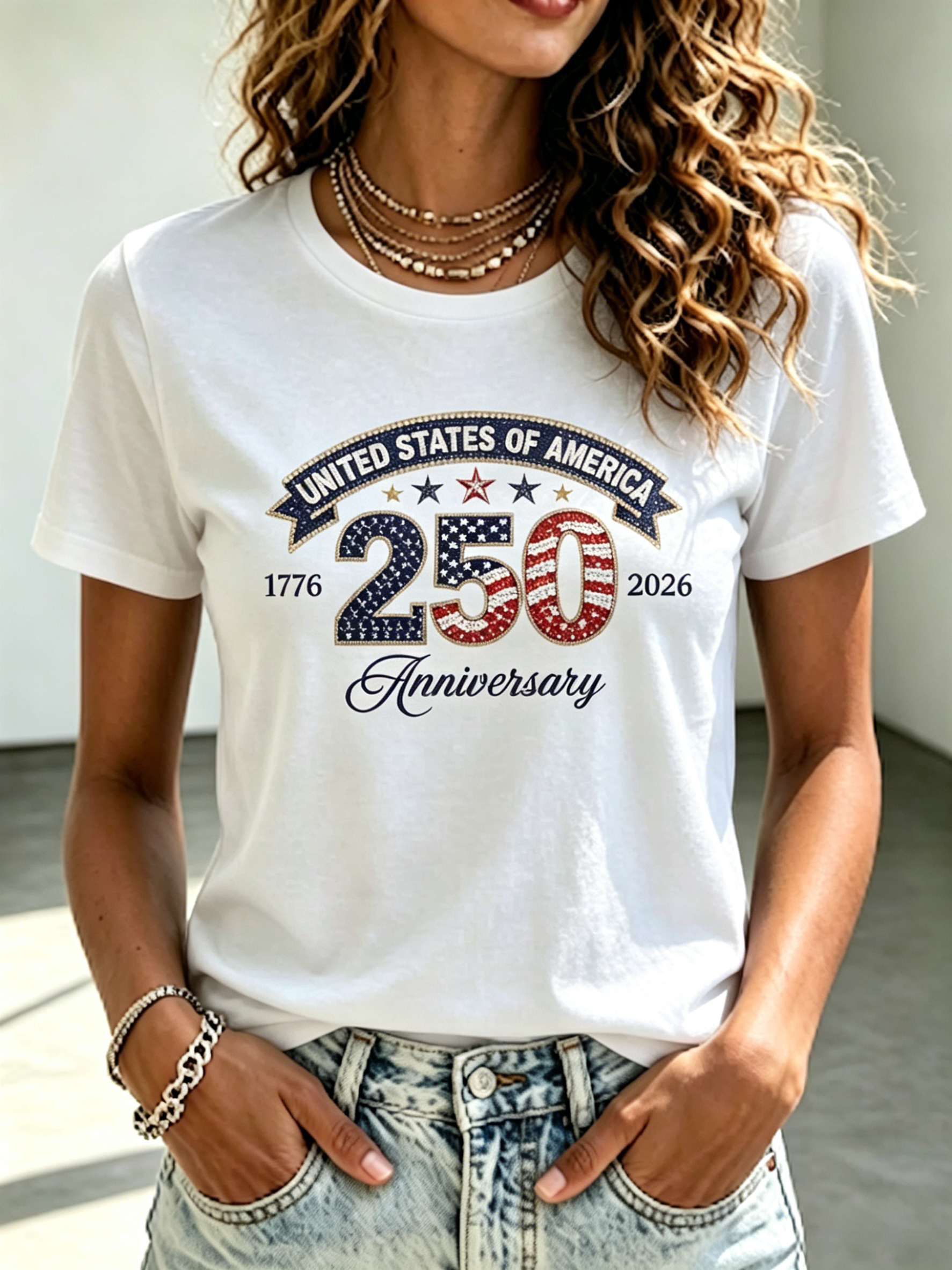Vintage US 250 Anniversary 1776-2026 Flag Print Crew Neck Casual Short Sleeve Tee