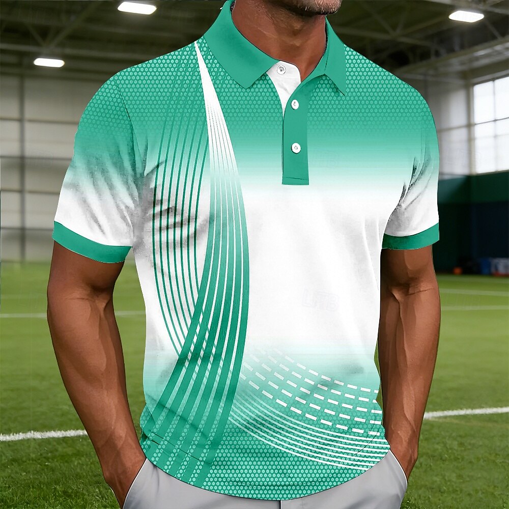 Gradient Curve Geometric Print Contrast Collar Golf Polo Shirt for Men