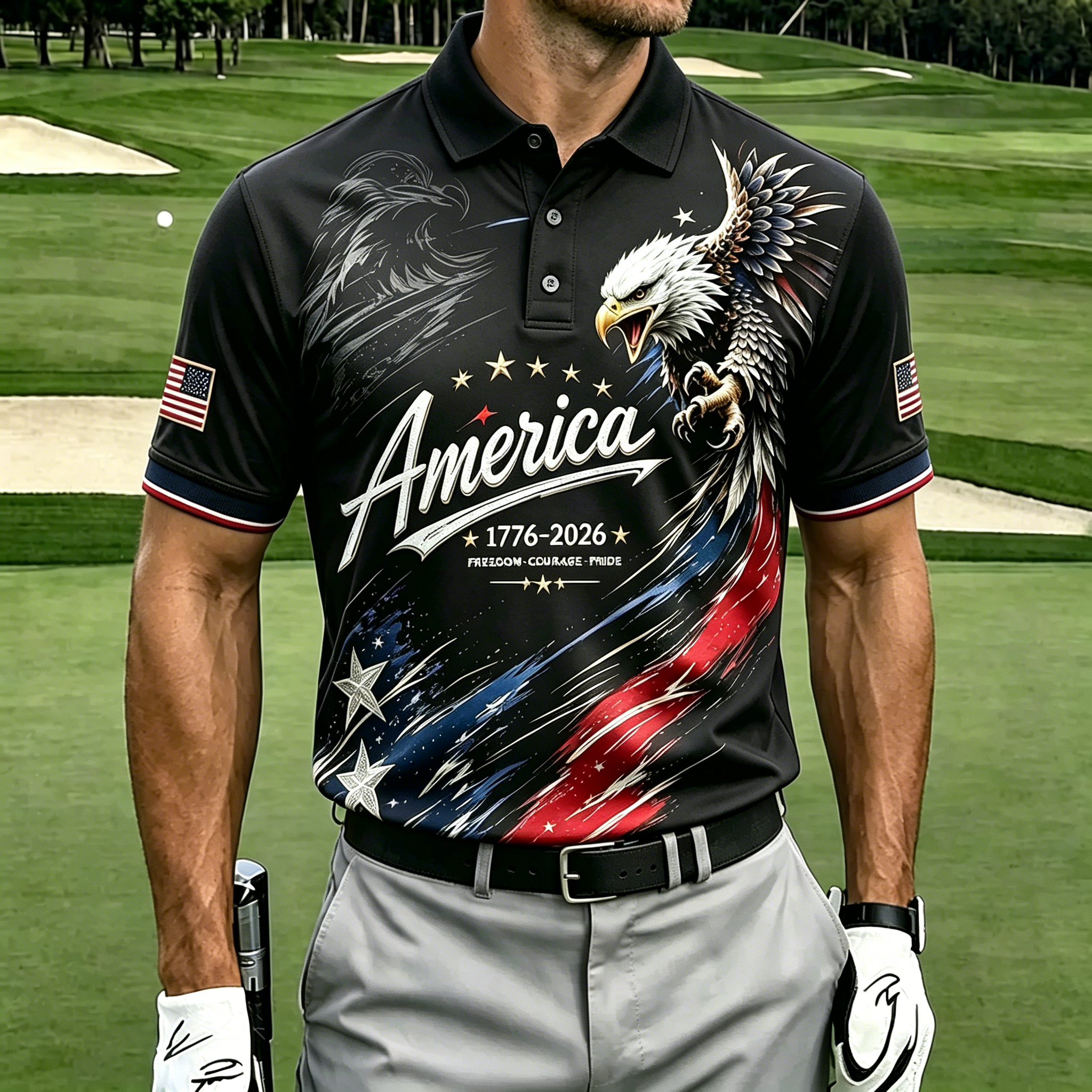 Patriotic Eagle USA Flag Print Contrast Trim Golf Polo Shirt for Men