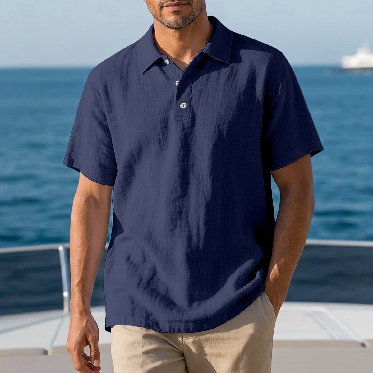 Solid Linen Blend Lapel Collar Short Sleeve Vacation Polo Shirt for Men