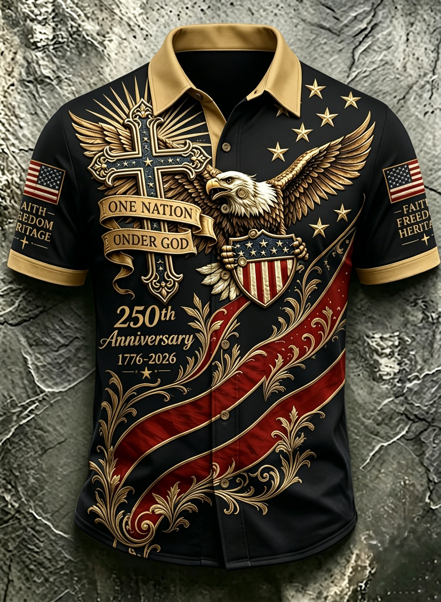 One Nation Under God Cross Bald Eagle USA Flag Gold Scroll Full Print Camp Collar Men Patriotic Shirt