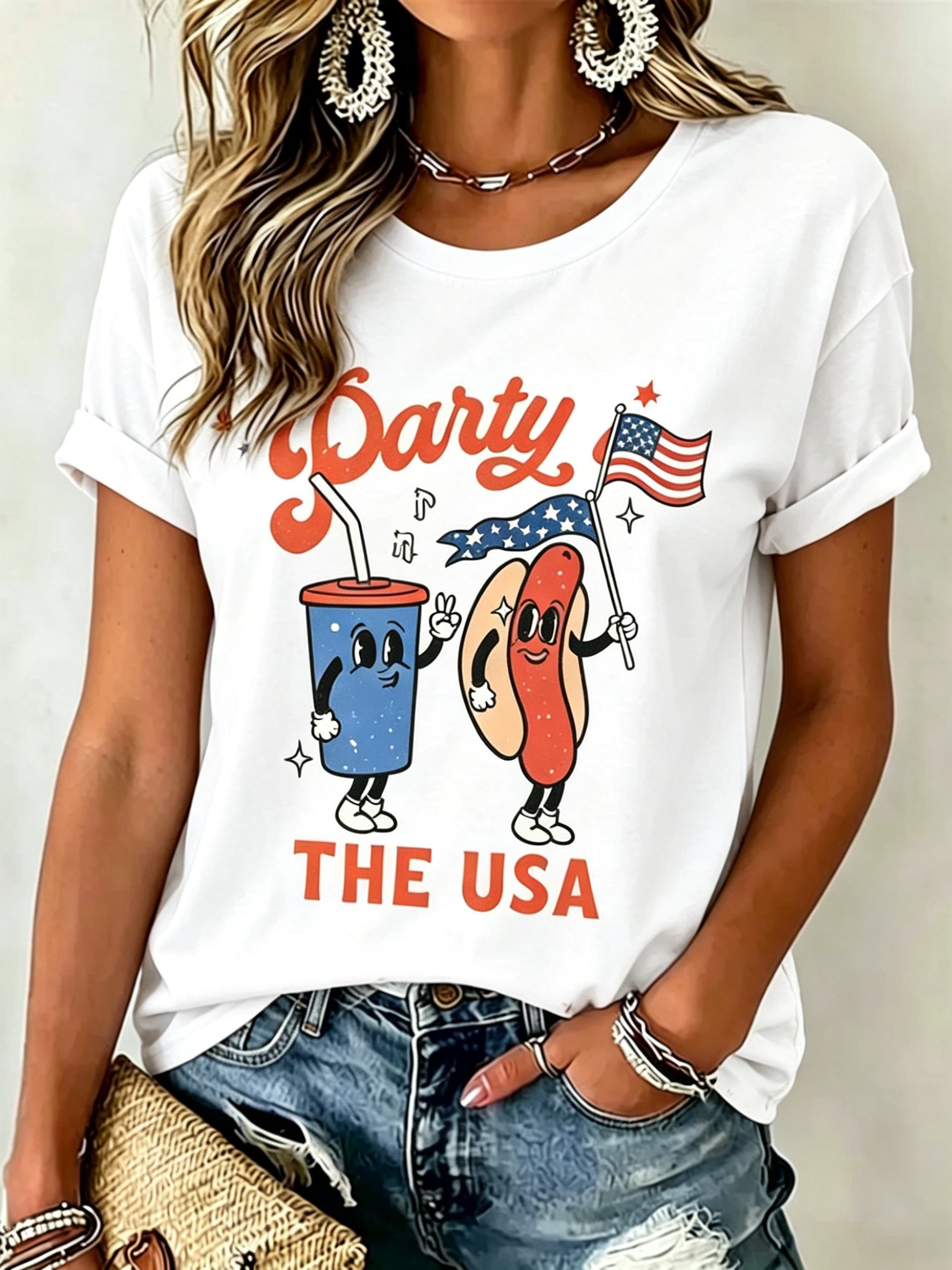 Groovy Retro Hot Dog Soda Party In The USA Patriotic Print Crew Neck Loose Fit Women Oversized Casual Independence Day Tee