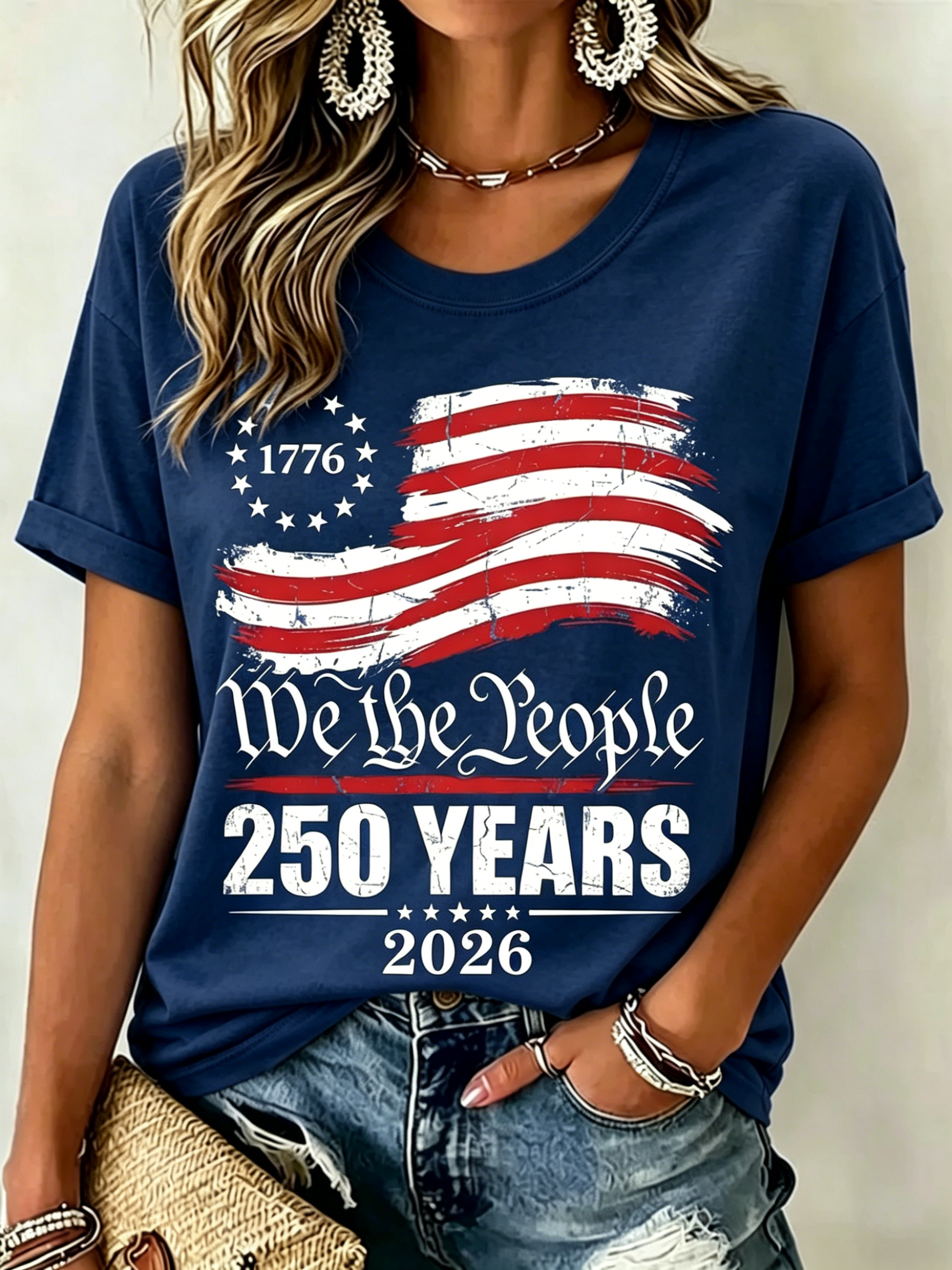 We The People 1776-2026 250 Years Distressed US Flag Patriotic Print Oversized Women Crew Neck Short Sleeve Tee