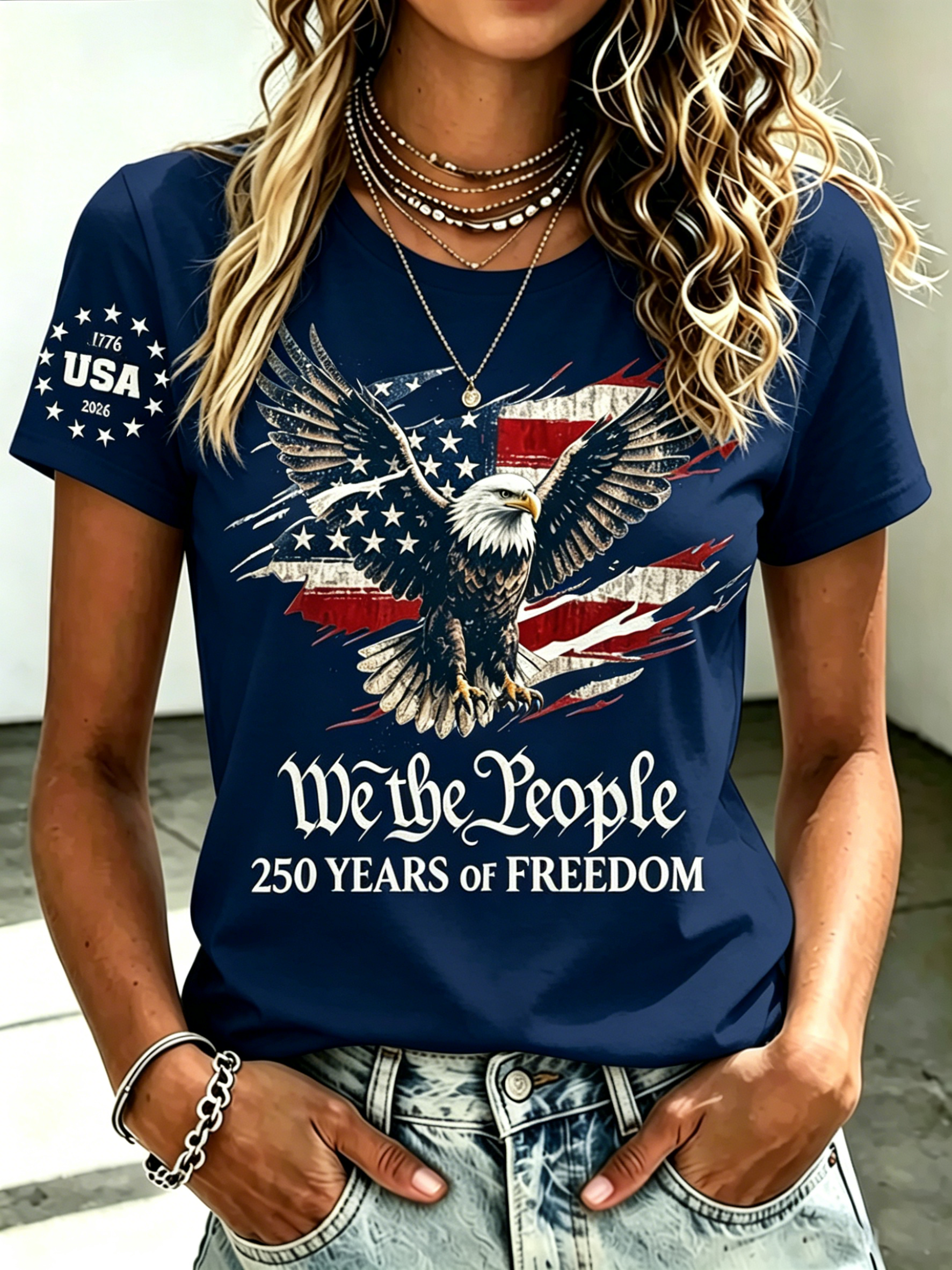 We The People 250 Freedom Eagle Torn Flag Star Sleeve Patriotic Crew Neck T-Shirt for Women