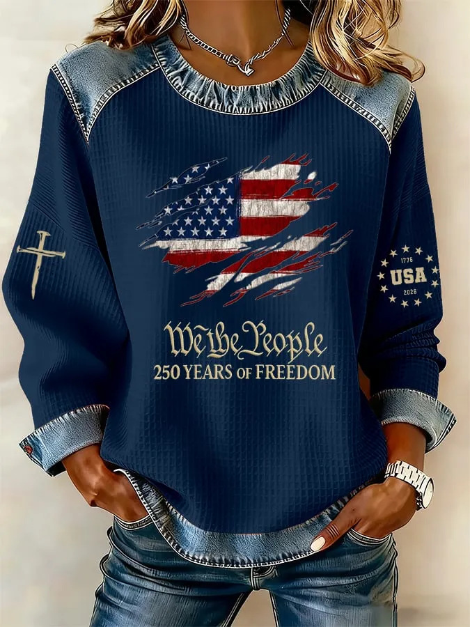 Women's Vintage USA Flag Denim Splice Long Sleeve Raglan Top