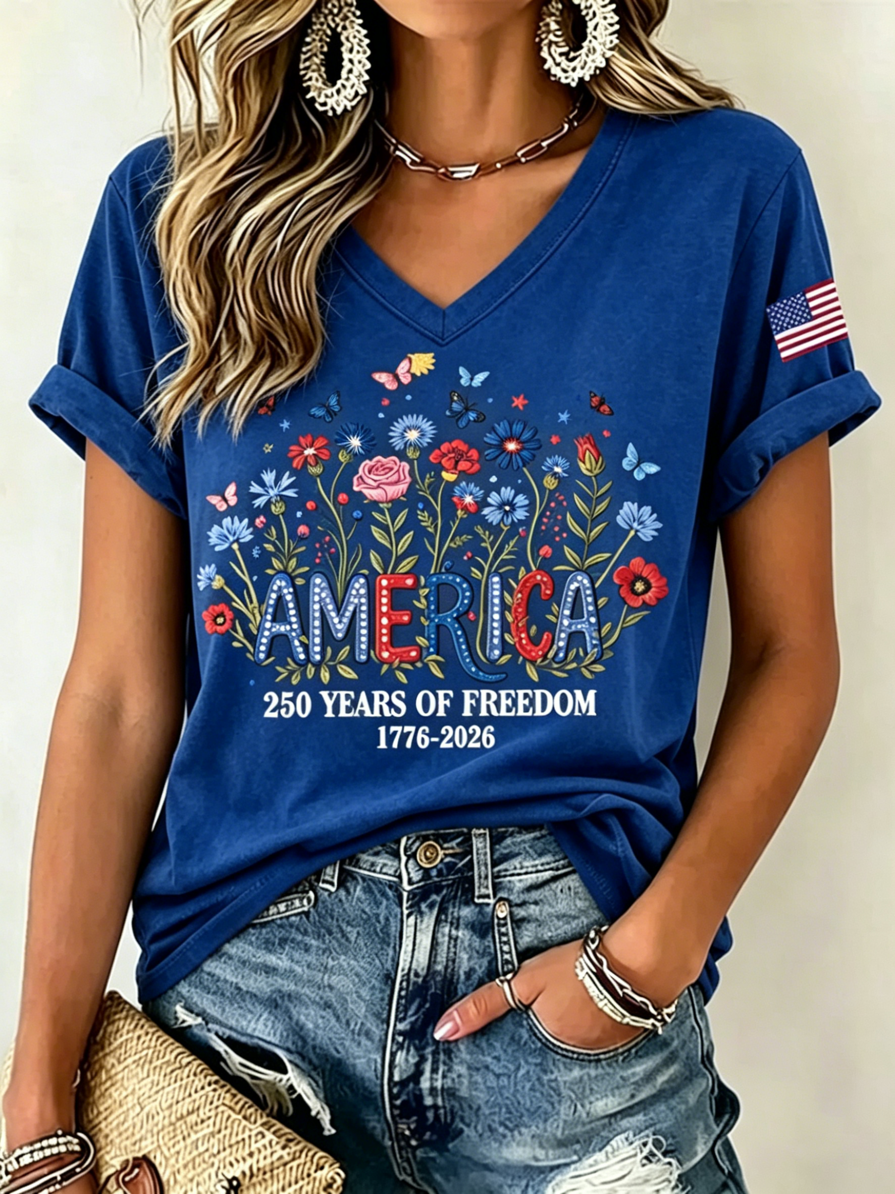 Patriotic Floral America Print V Neck Flag Sleeve T-Shirt for Women