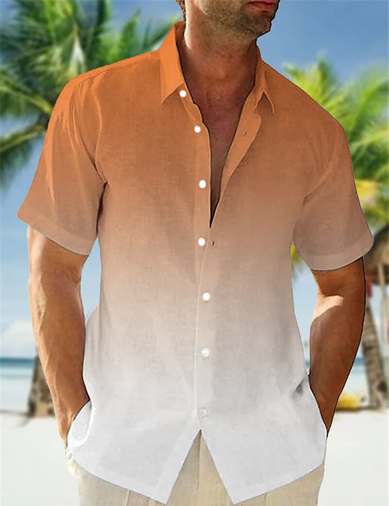 Gradient Linen Blend Lapel Short Sleeve Vacation Shirt for Men