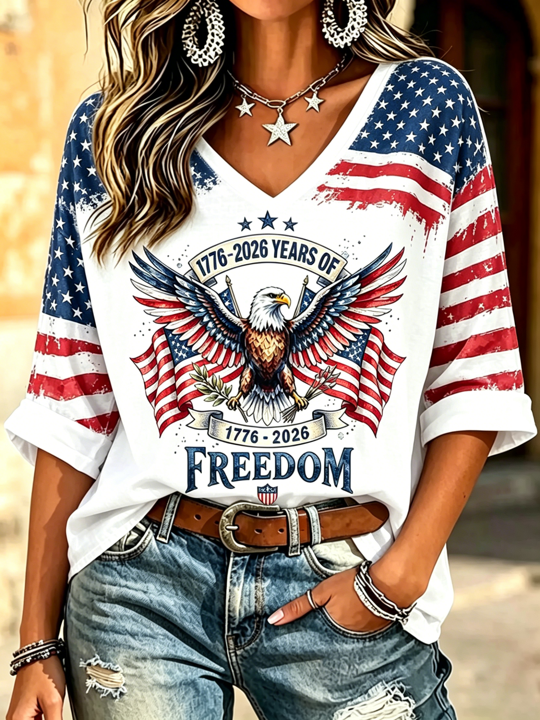 Women’s Patriotic 250 Year Eagle Freedom Letter Distressed Flag Raglan V Neck Three Quarter Sleeve T-Shirt