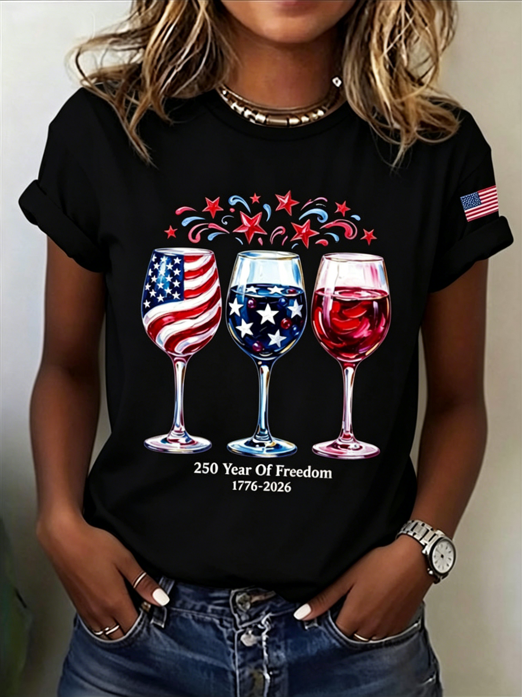 Women’s Patriotic Wine Glass Print T-Shirt, 250th Independence Day Casual Short Sleeve Tee