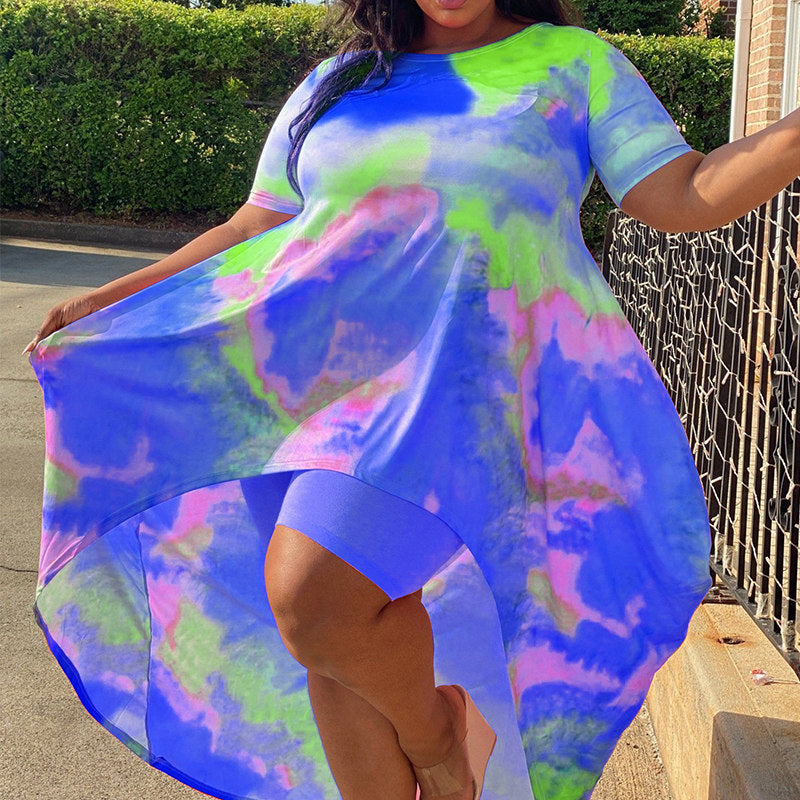 (2XL-5XL) Casual Print Tie Dye Asymmetrical O-neck Plus Size Two Pieces