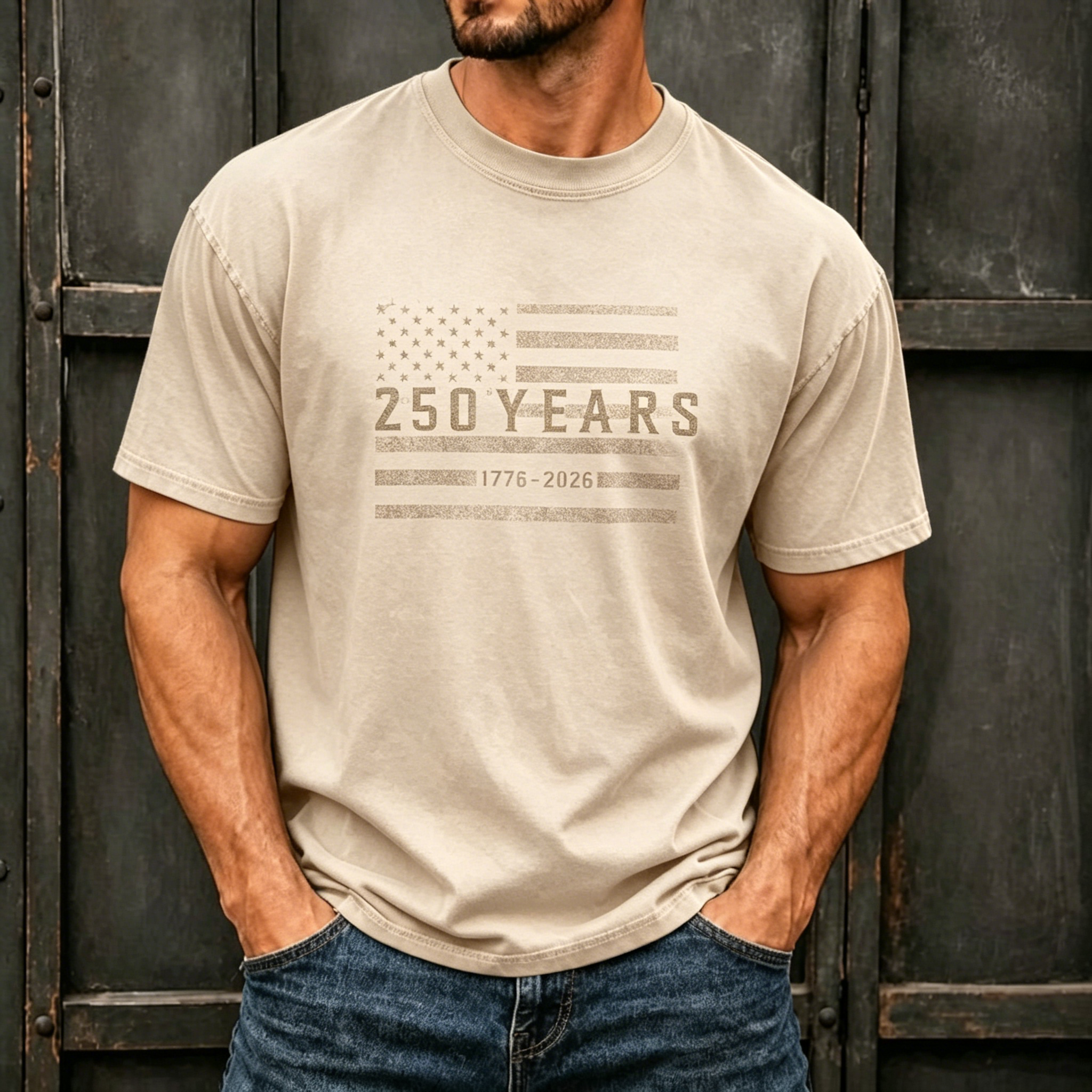 Minimal 250 Years USA Flag Patriotic Print Oversized Men Crew Neck Washed Short Sleeve Tee