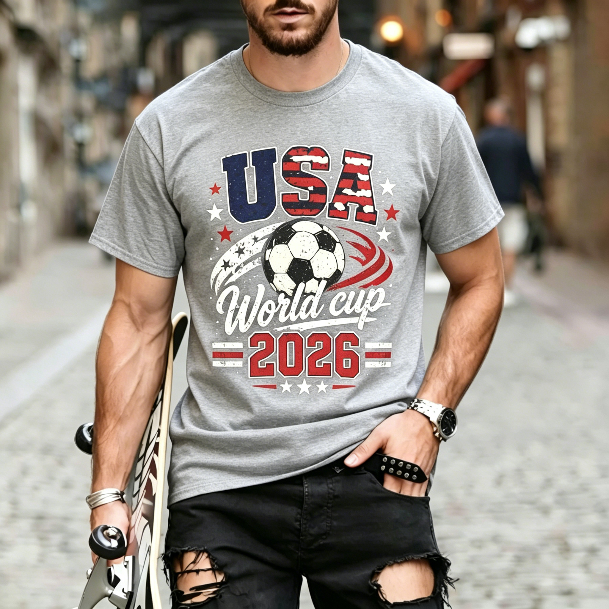 USA Soccer World Cup Vintage Star Graphic Sports Crew Neck T-Shirt for Men