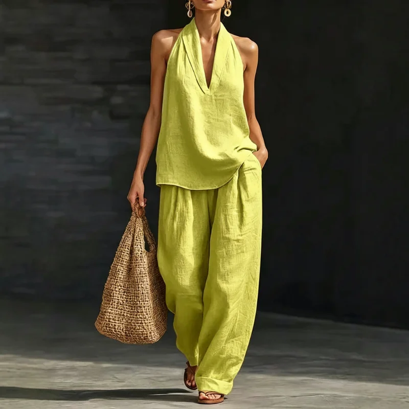 Linen Halter V Neck Sleeveless Top Cuffed Wide Leg Pant Two Piece Outfit Set for Women