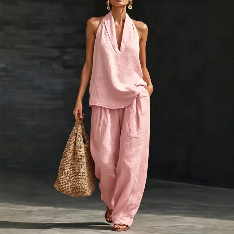 Linen Halter V Neck Sleeveless Top Cuffed Wide Leg Pant Two Piece Outfit Set for Women