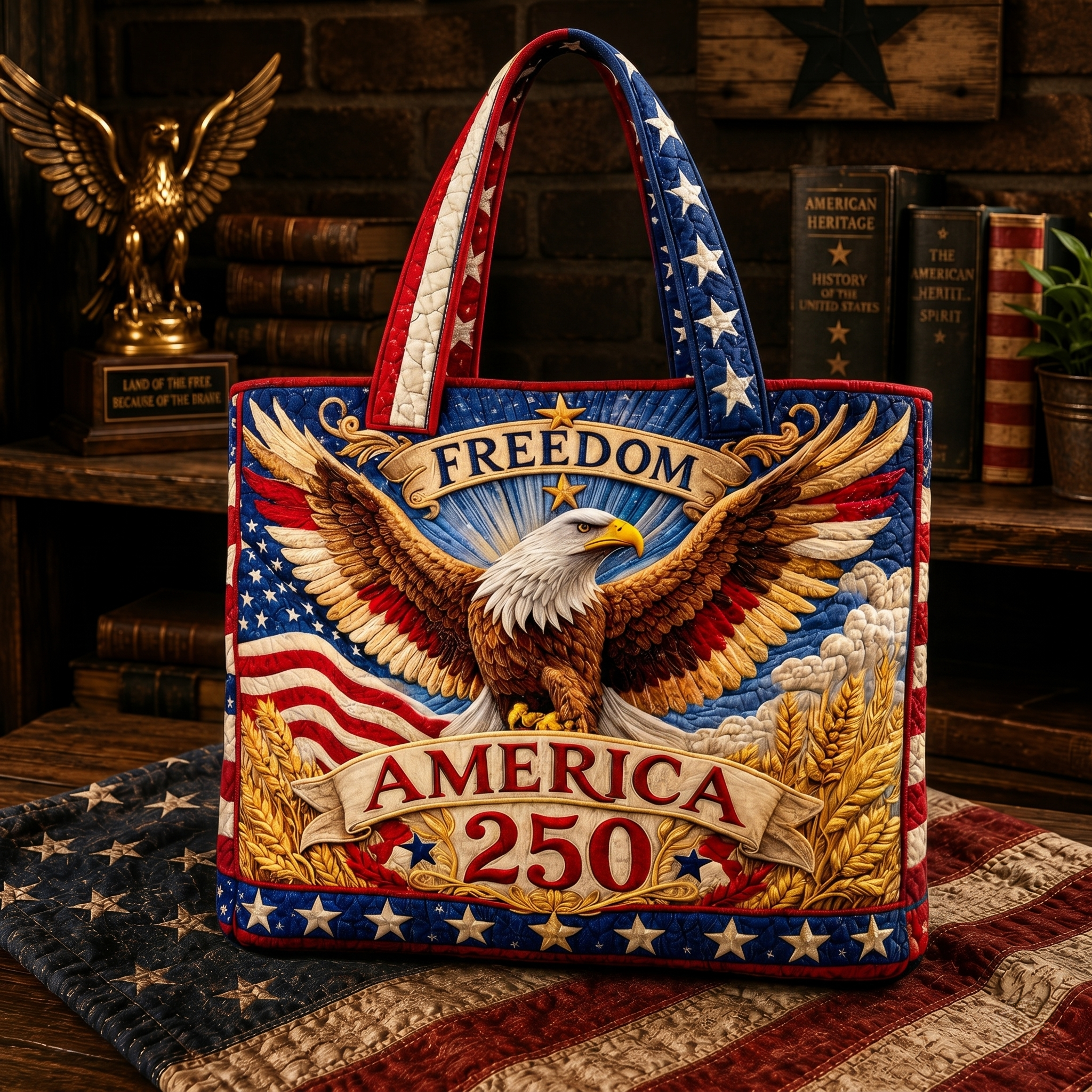 Spread Wings Eagle Freedom Banner Wheat Quilted Patriotic Tote Bag