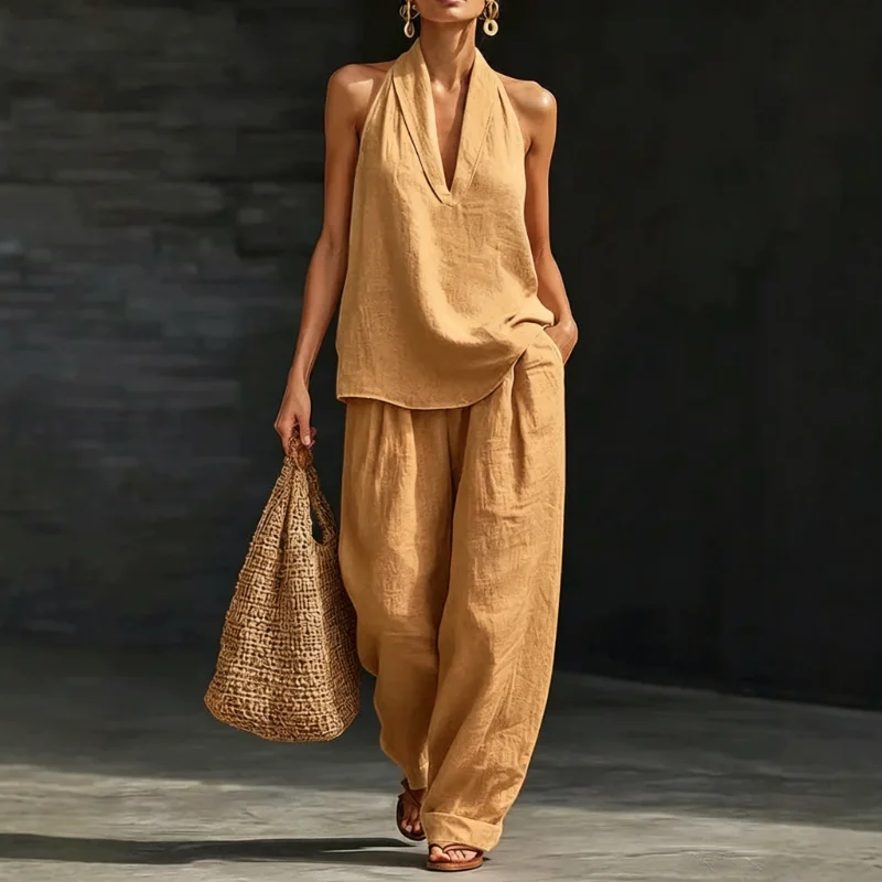 Linen Halter V Neck Sleeveless Top Cuffed Wide Leg Pant Two Piece Outfit Set for Women
