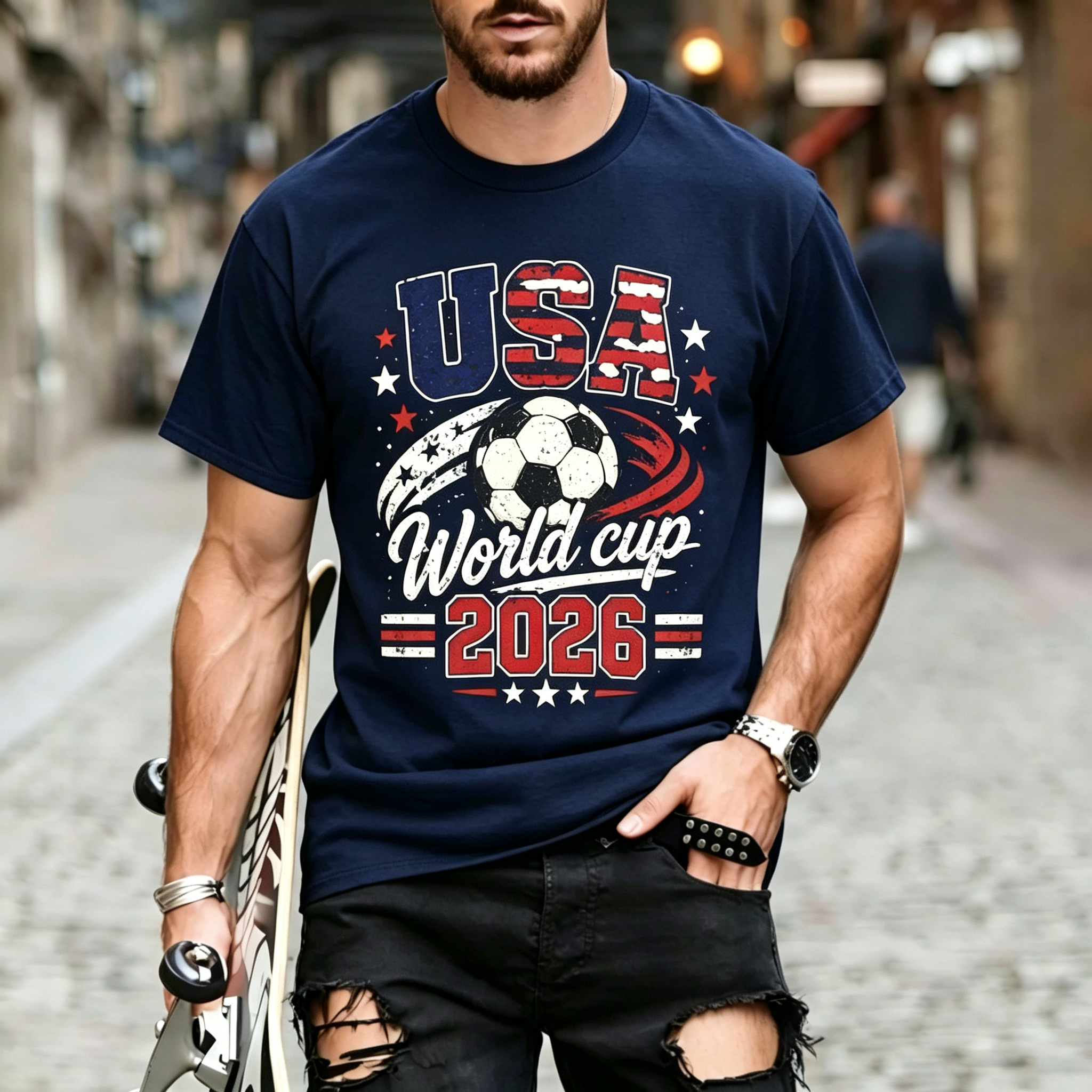 USA Soccer World Cup Vintage Star Graphic Sports Crew Neck T-Shirt for Men