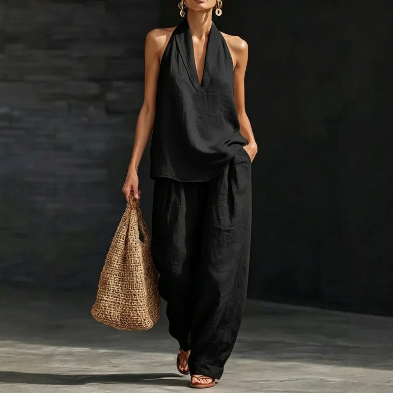 Linen Halter V Neck Sleeveless Top Cuffed Wide Leg Pant Two Piece Outfit Set for Women
