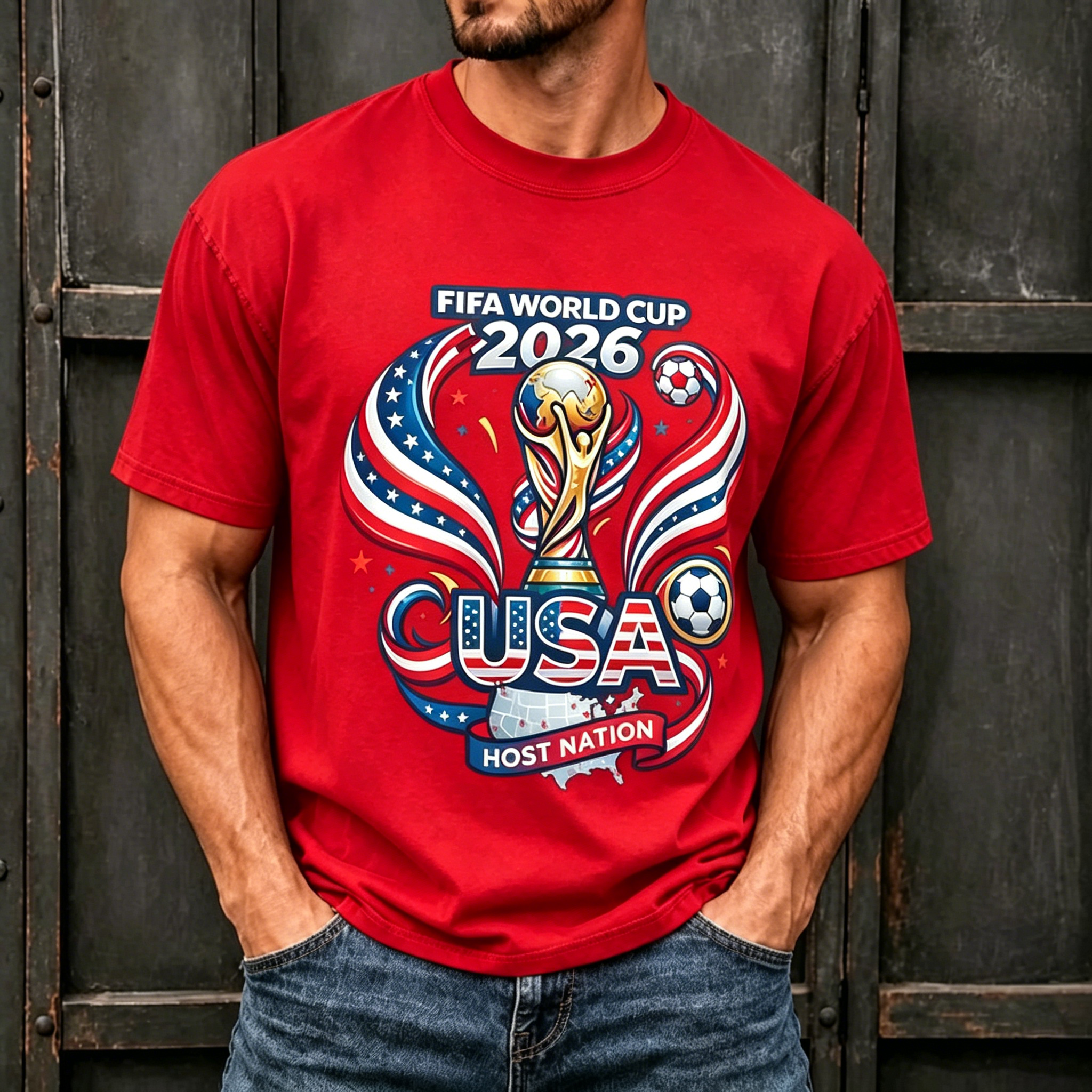 USA World Cup Host Trophy Star Ribbon Sports Graphic Crew Neck T-Shirt for Men