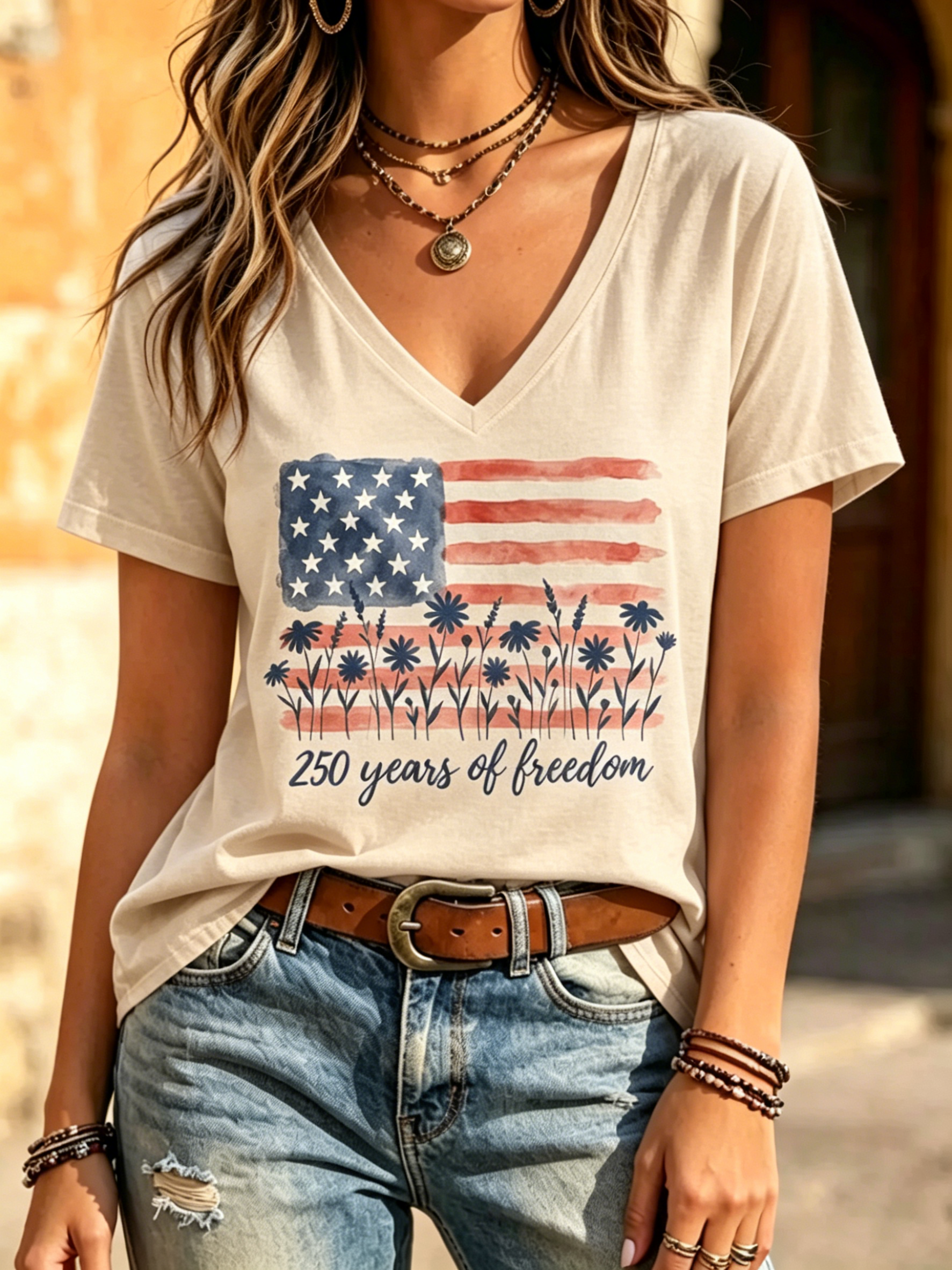 Boho Watercolor Daisy Flag Print V Neck Short Sleeve USA 250 Years Of Freedom Patriotic Casual Women T-Shirt