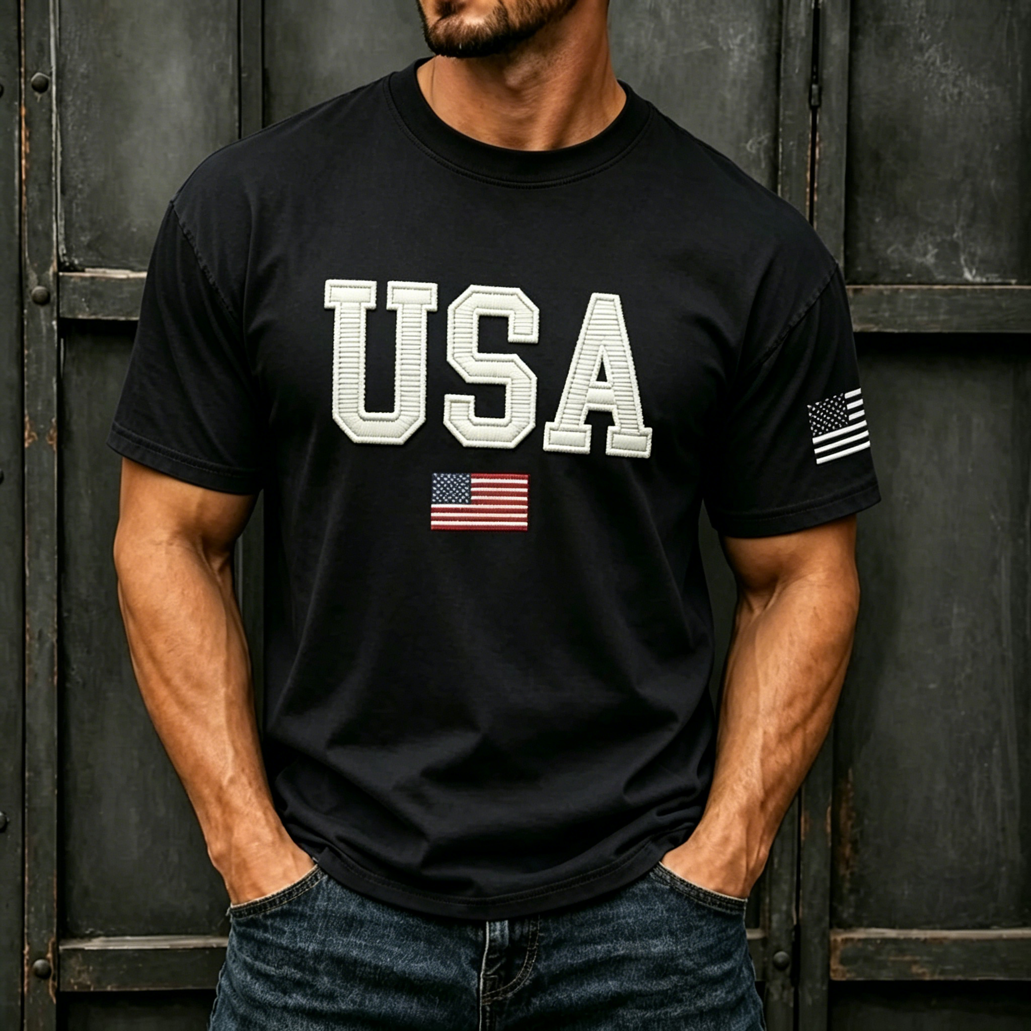 Varsity USA and American Flag Print Oversized Men Crew Neck Short Sleeve Tee