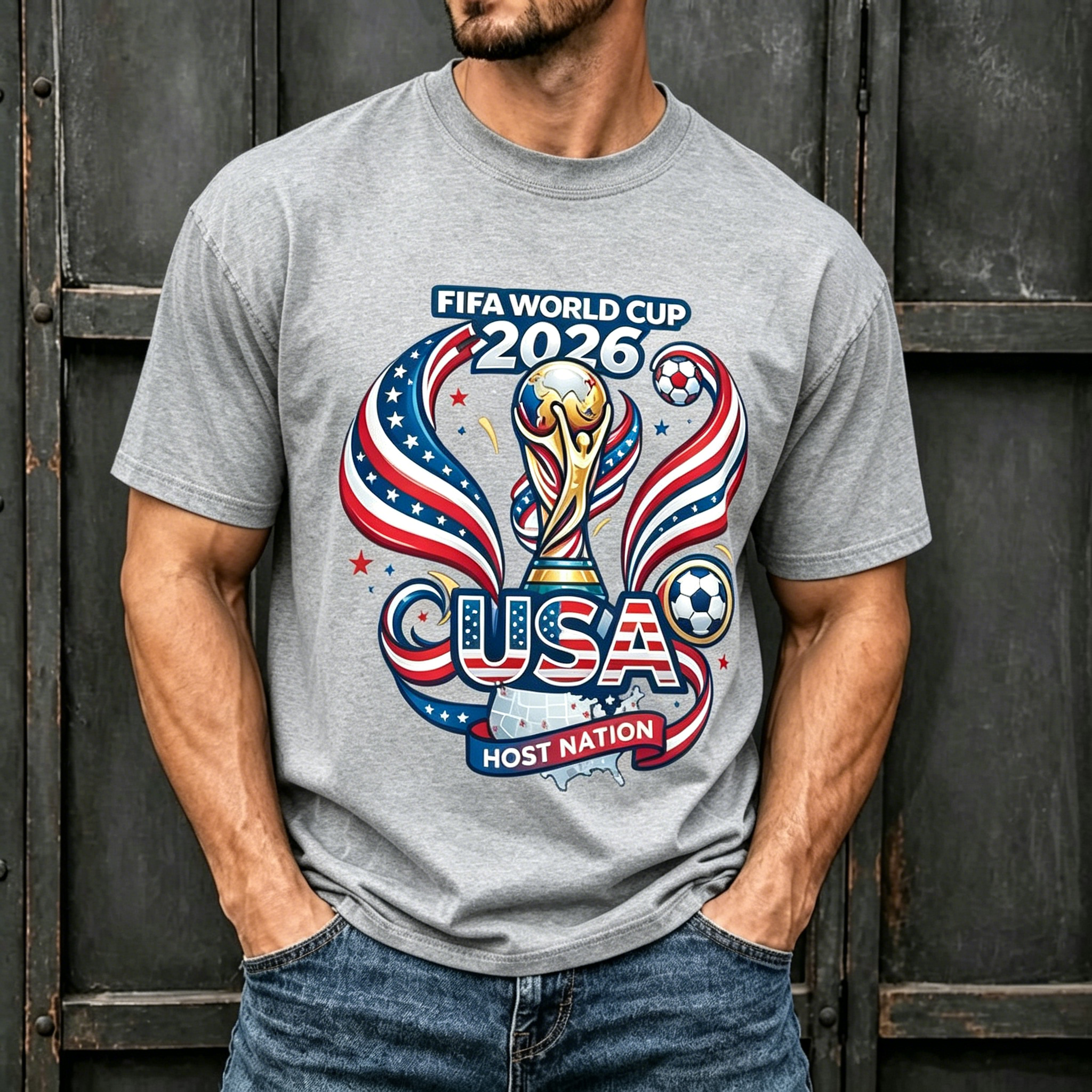 USA World Cup Host Trophy Star Ribbon Sports Graphic Crew Neck T-Shirt for Men