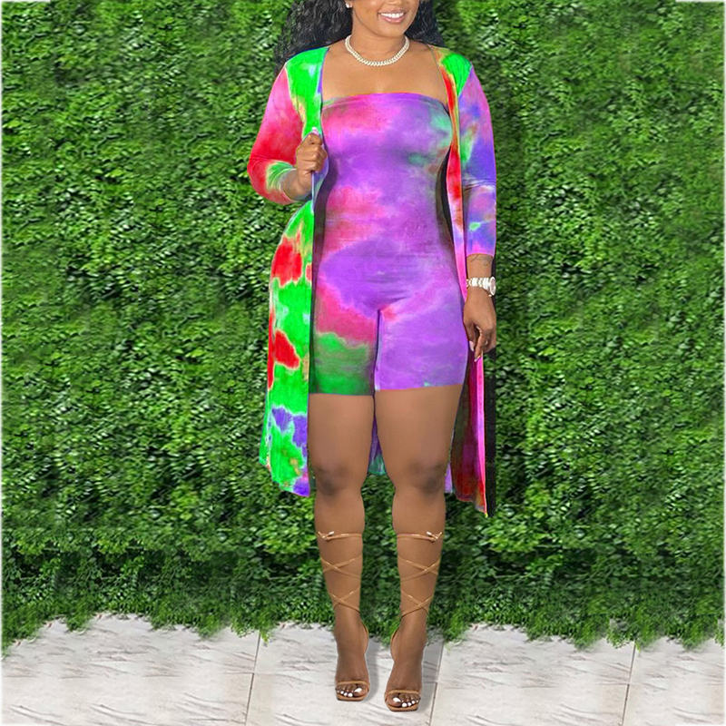 (L-5XL) Cotton tie-dye jumpsuit + long-sleeved cardigan