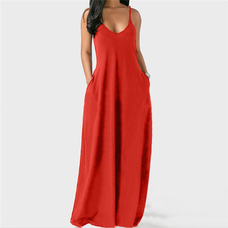 (S-5XL) Sturdy strappy dress with slanted pockets