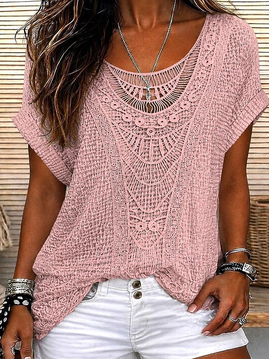 Boho Hollow Crochet Lace Round Neck Cuff Short Sleeve Loose Fit Women Blouse