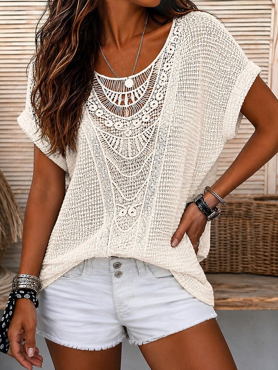 Boho Hollow Crochet Lace Round Neck Cuff Short Sleeve Loose Fit Women Blouse