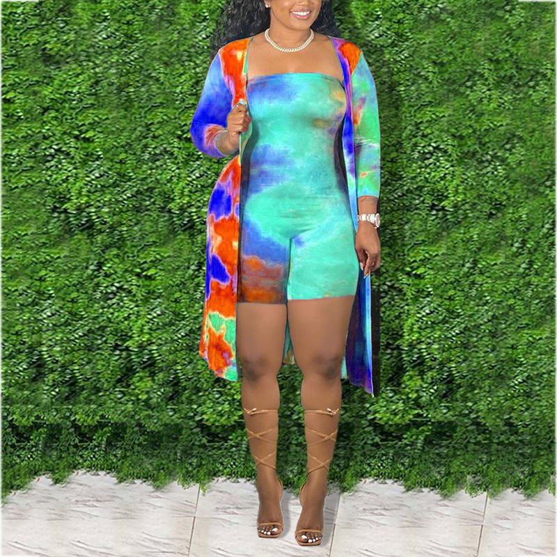 (L-5XL) Cotton tie-dye jumpsuit + long-sleeved cardigan