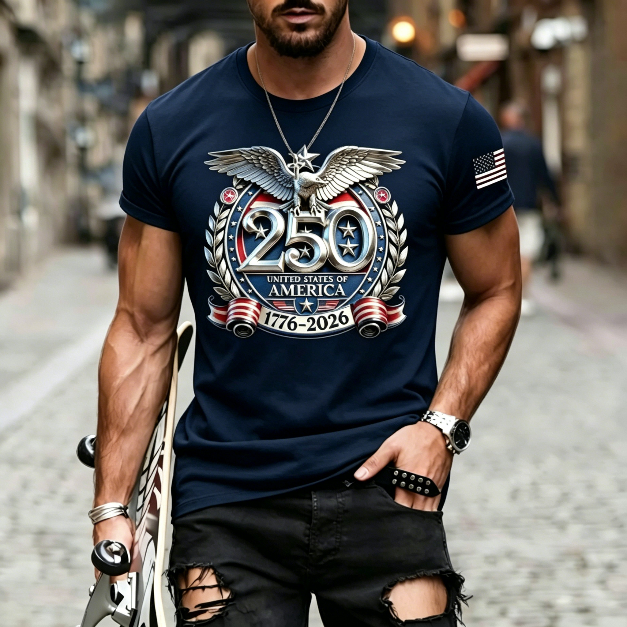 Patriotic Eagle Crest 250th USA Anniversary 1776-2026 Print Crew Neck Loose Fit Men Oversized Casual Independence Day Tee