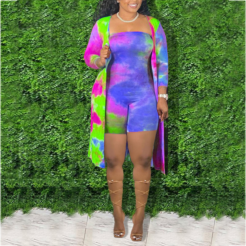 (L-5XL) Cotton tie-dye jumpsuit + long-sleeved cardigan