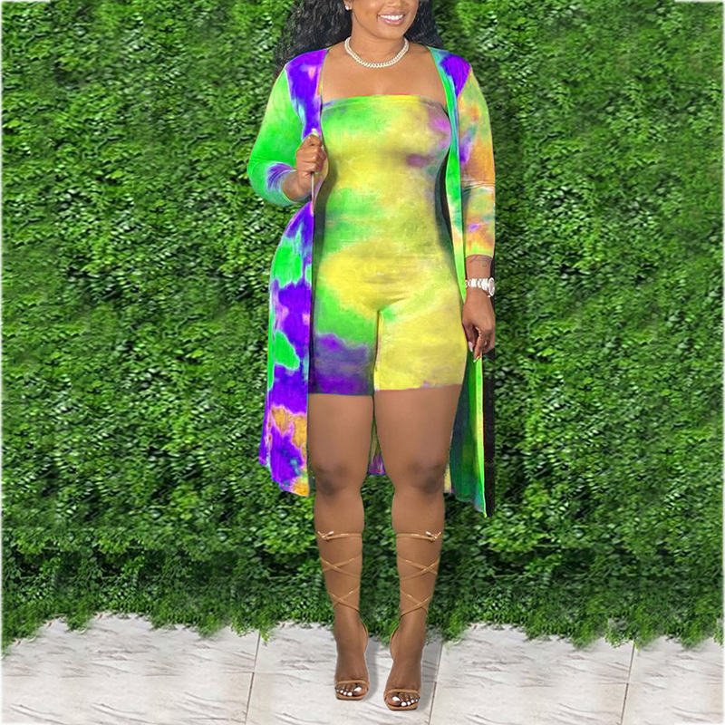 (L-5XL) Cotton tie-dye jumpsuit + long-sleeved cardigan